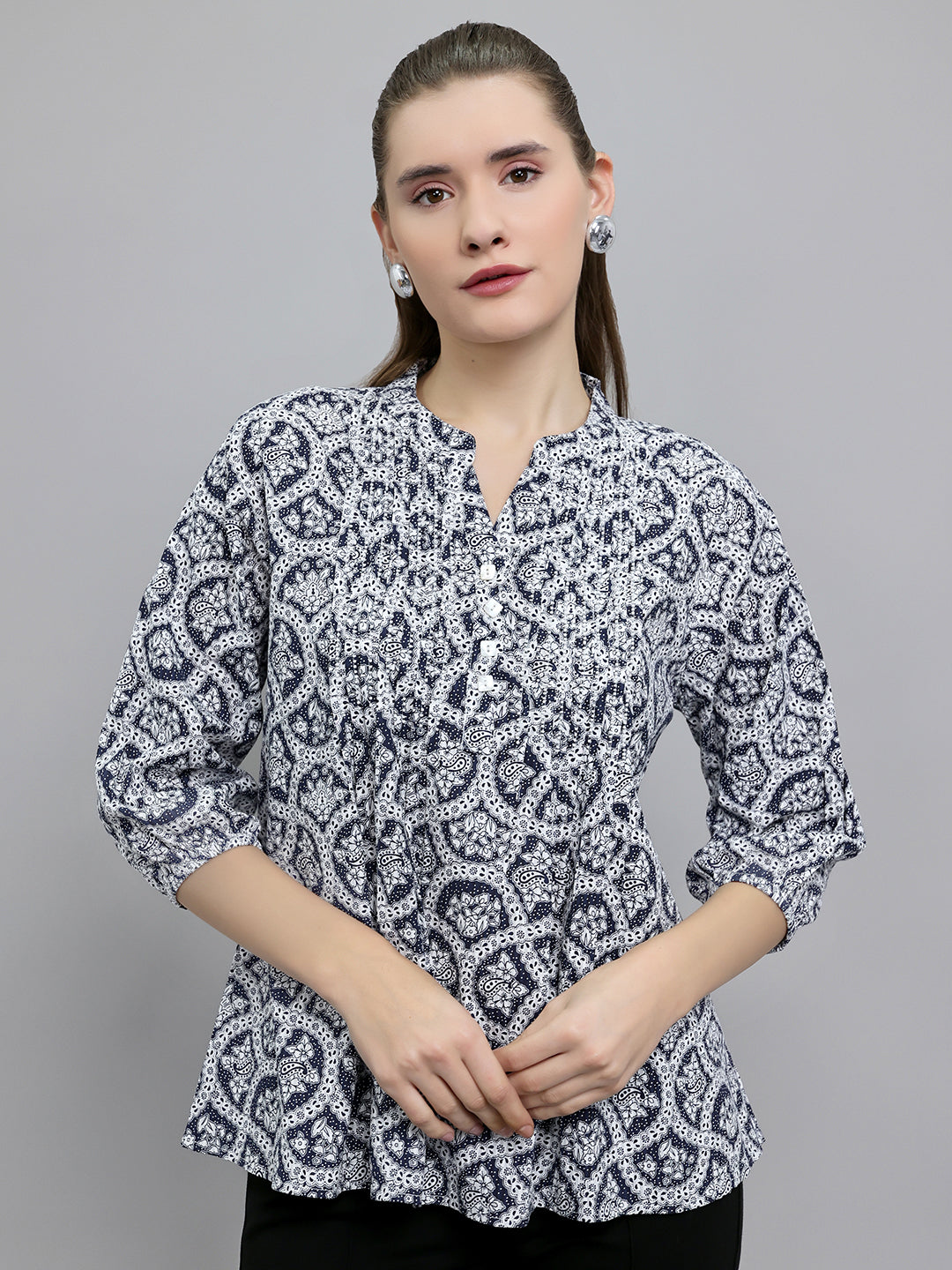 Women Navy Blue Printed Fashion Neck 3/4th Sleeve Top