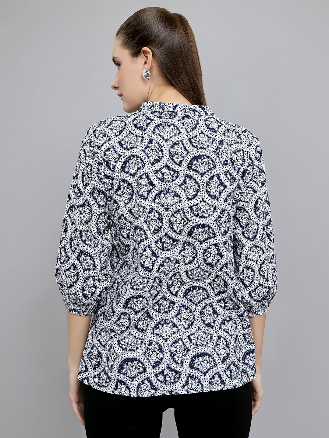Women Navy Blue Printed Fashion Neck Top