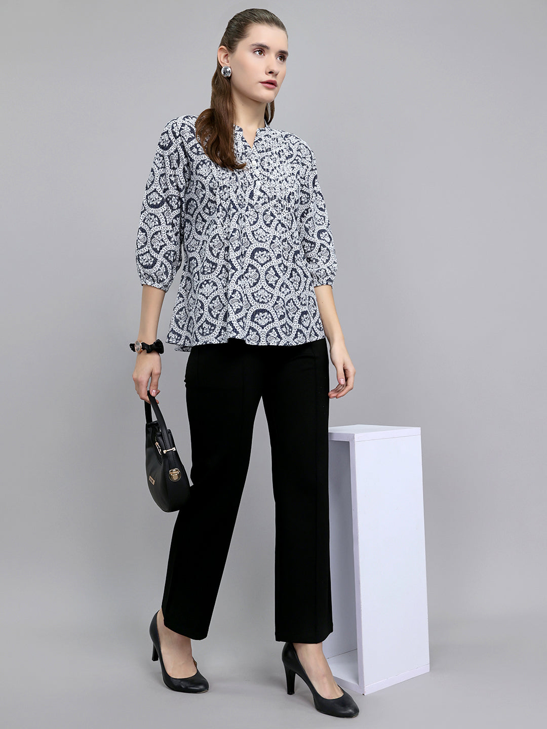 Women Navy Blue Printed Fashion Neck Top