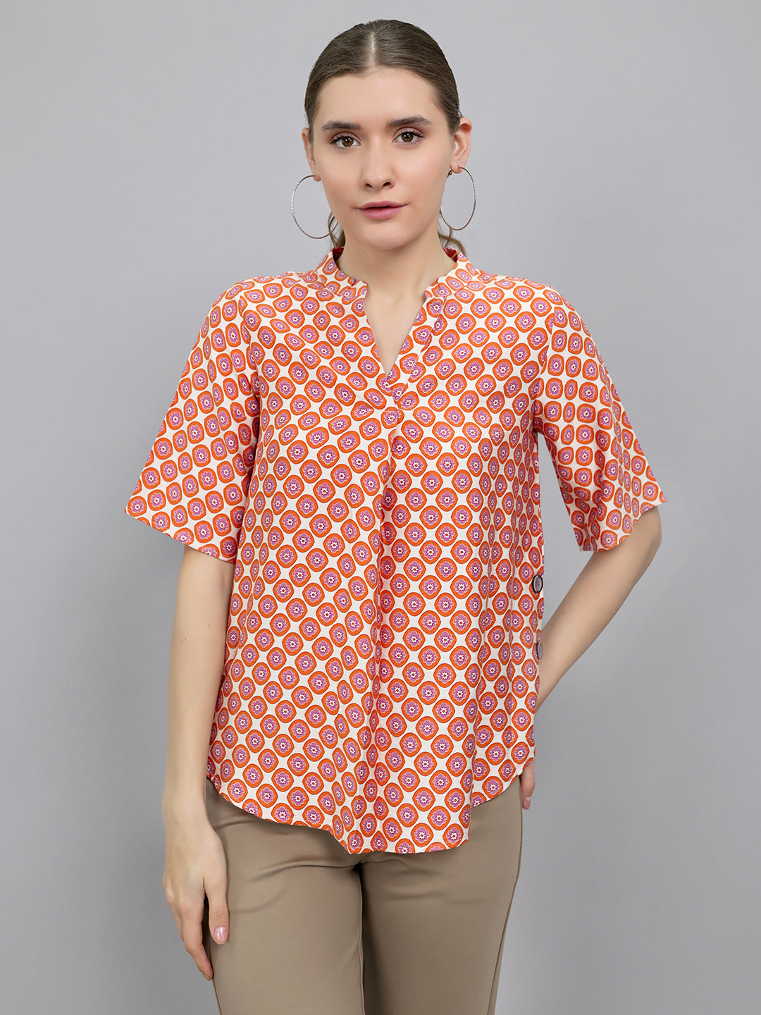 Women Orange Printed V Neck 3/4th Sleeve Top