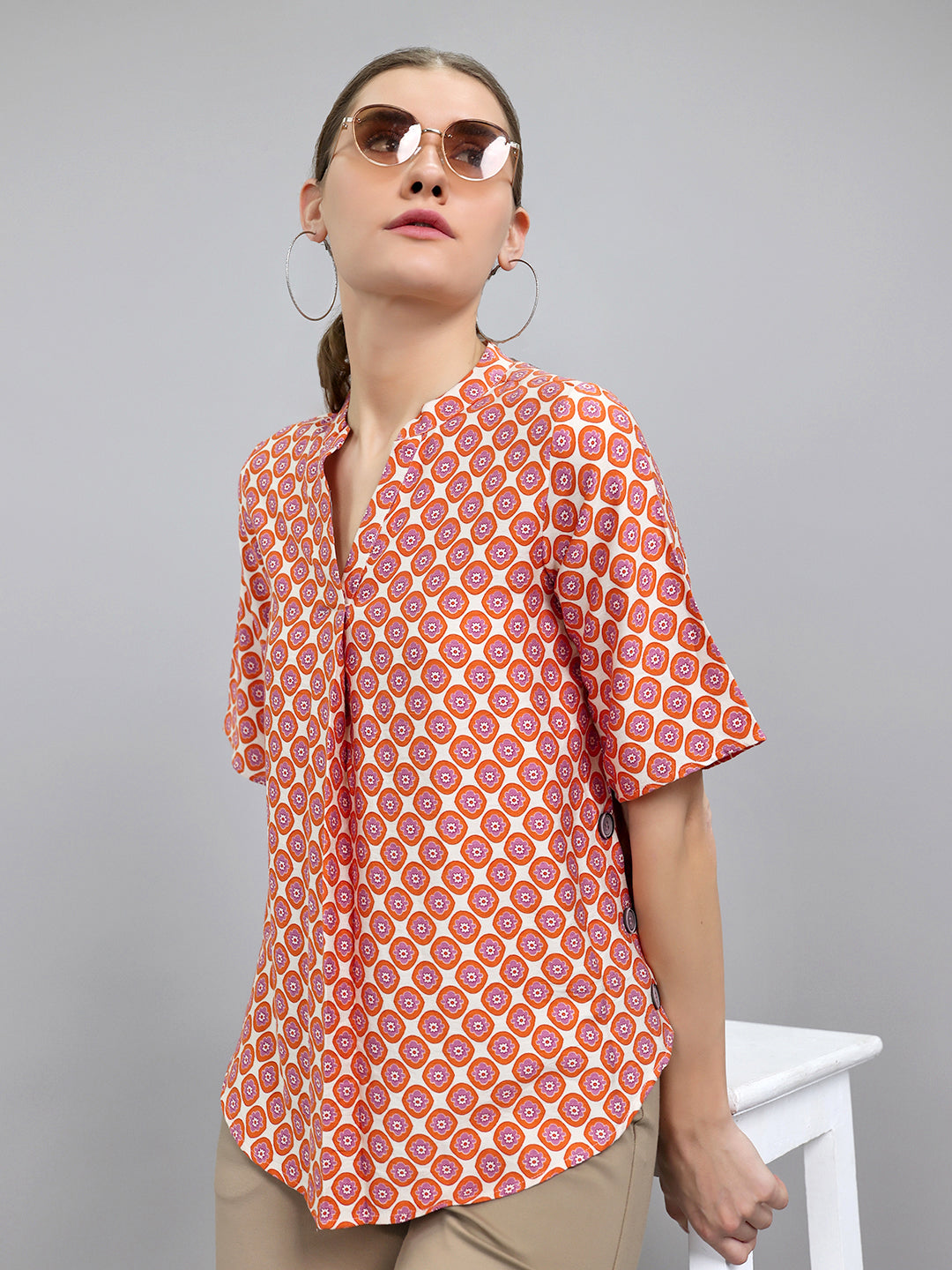 Women Orange Printed V Neck Top