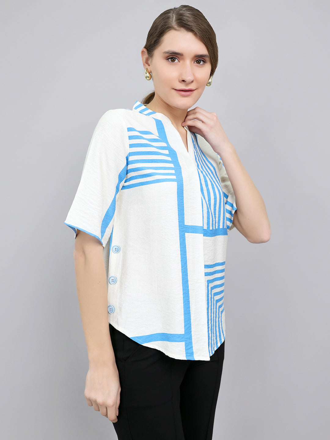 Women Blue Stripe V Neck Top