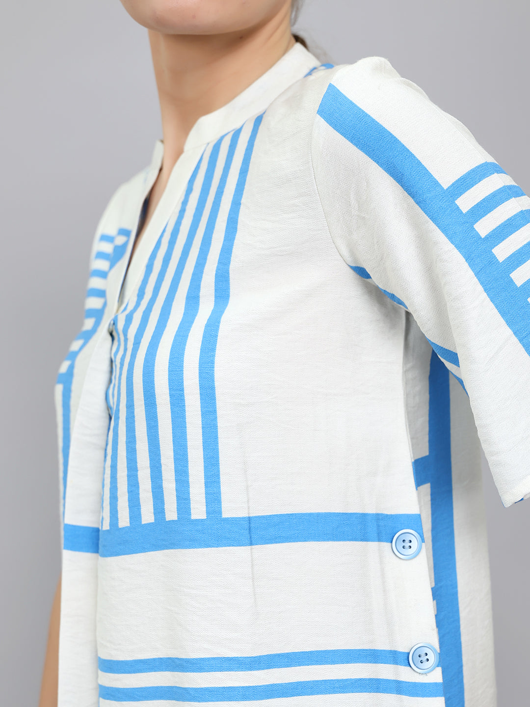 Women Blue Stripe V Neck Top