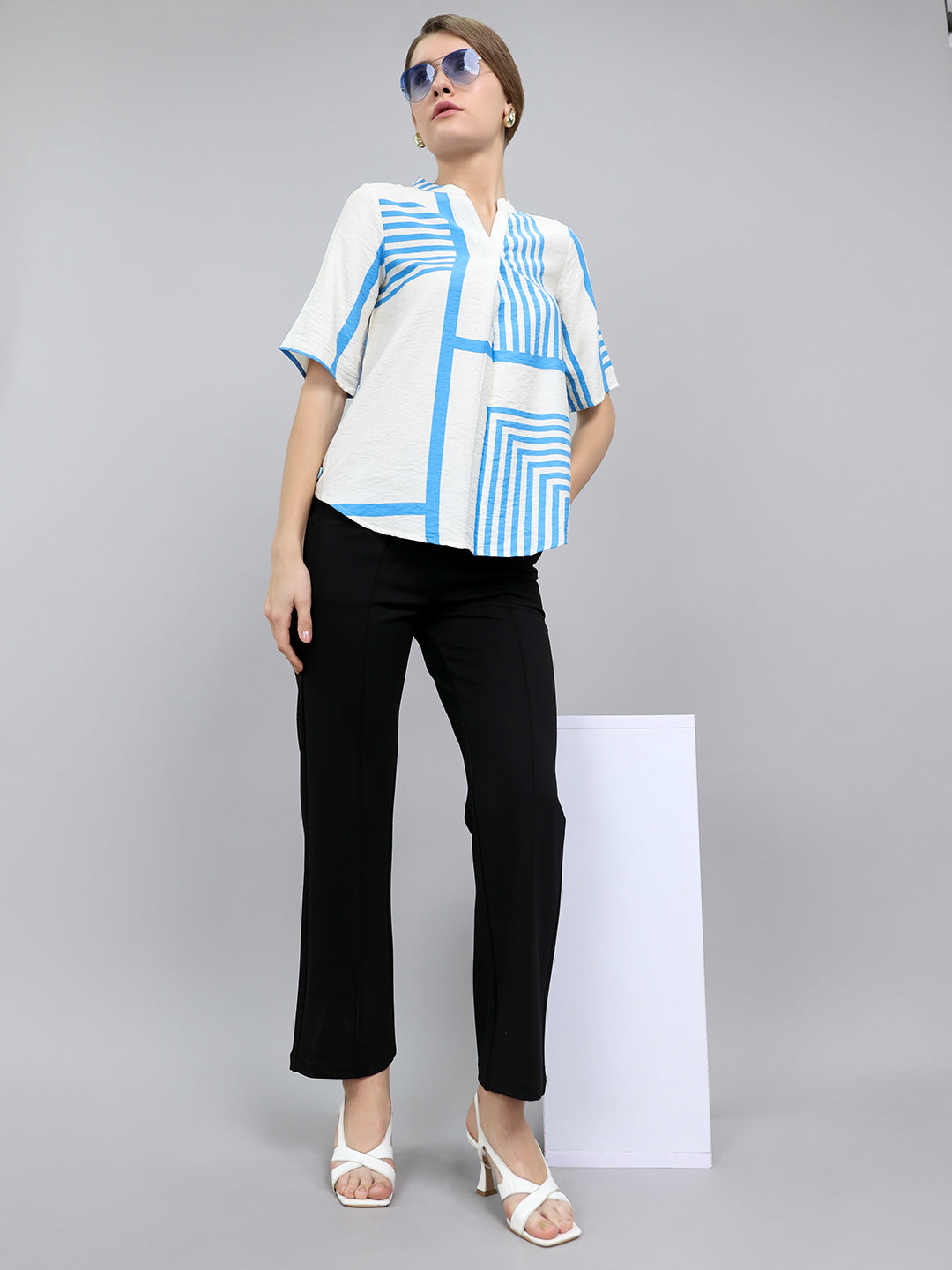 Women Blue Stripe V Neck Top