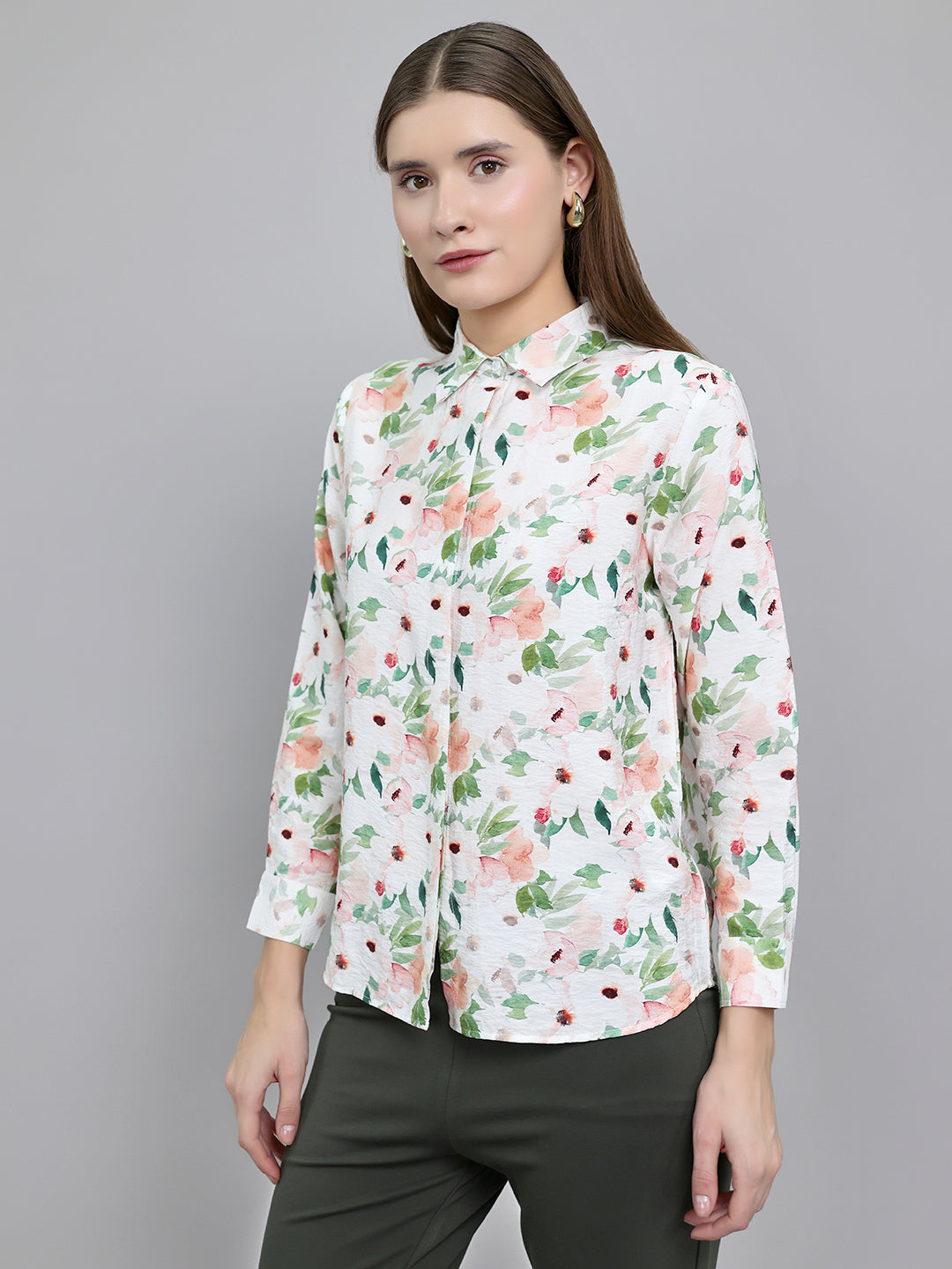 Women Off White Floral Print Collar Full Sleeve Top