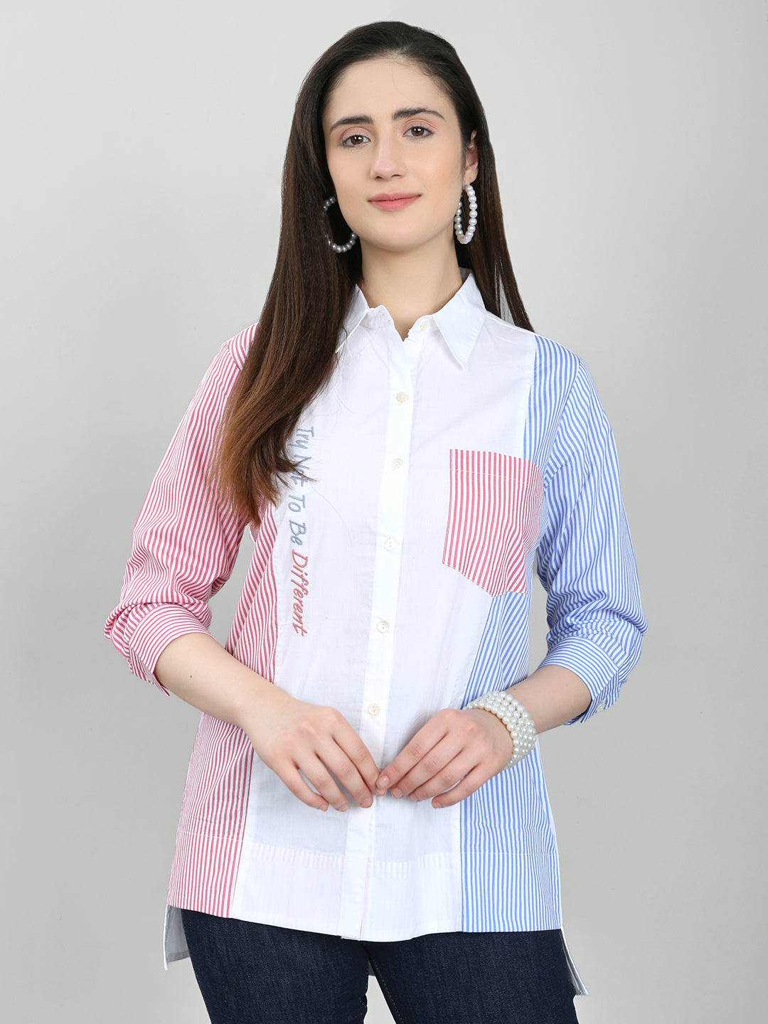 Women White Printed Front Open Full Sleeve Top