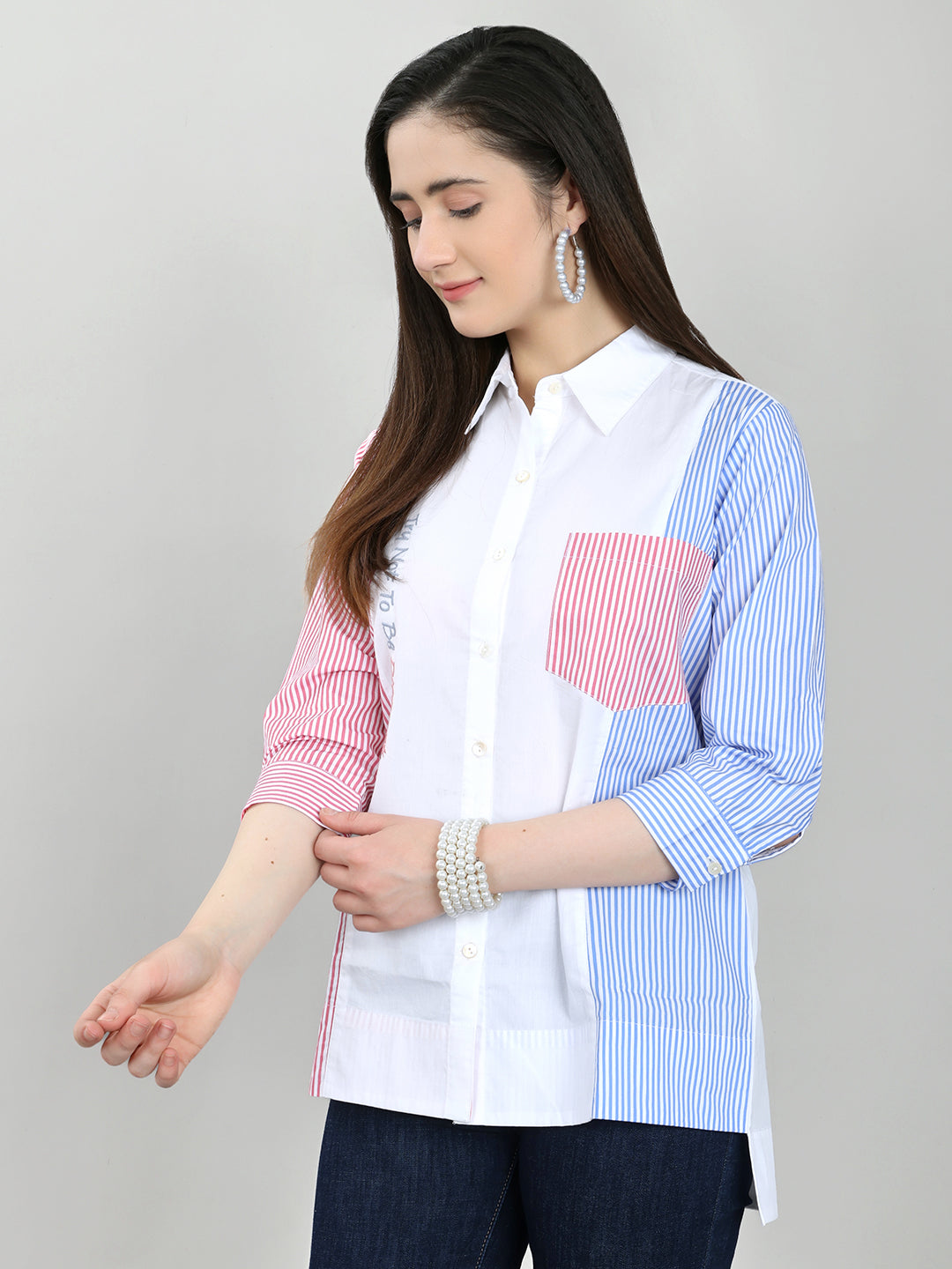 Women White Printed Front Open Full Sleeve Top