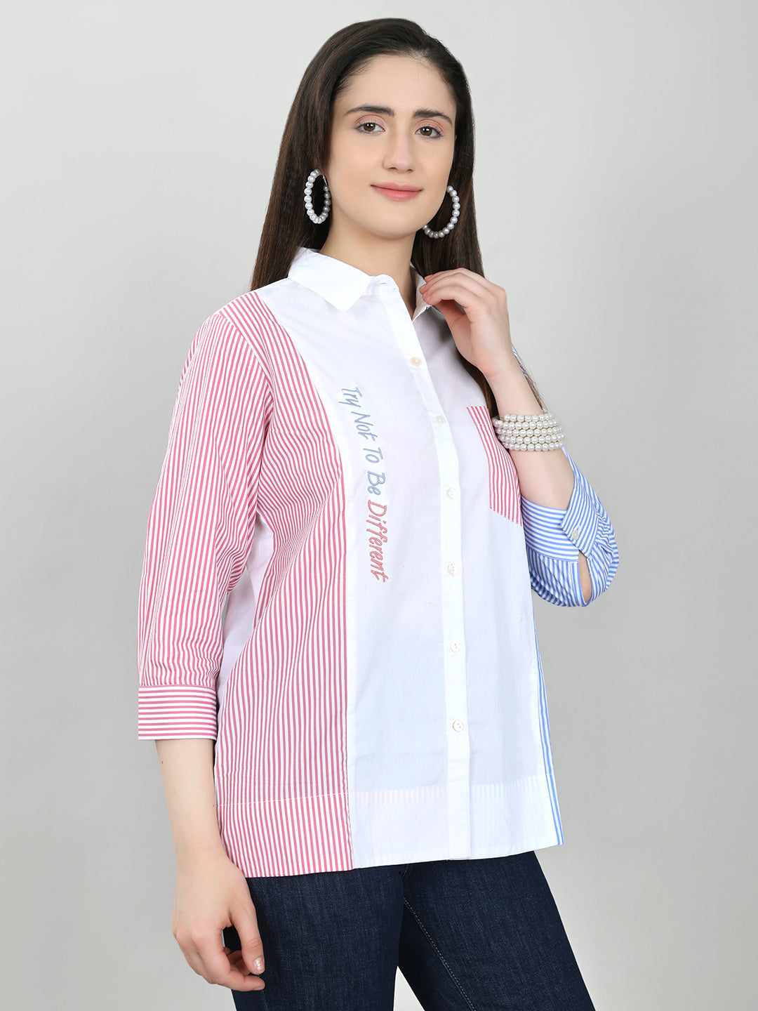 Women White Printed Front Open Full Sleeve Top