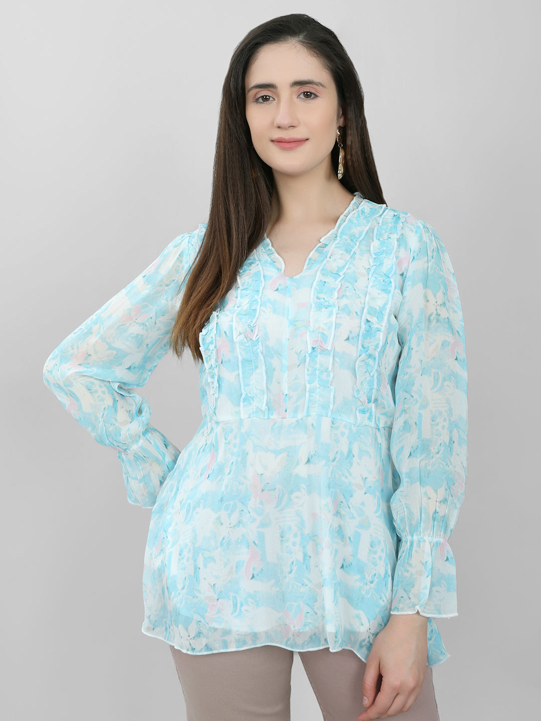 Women Sky Blue Printed V Neck Full Sleeve Top