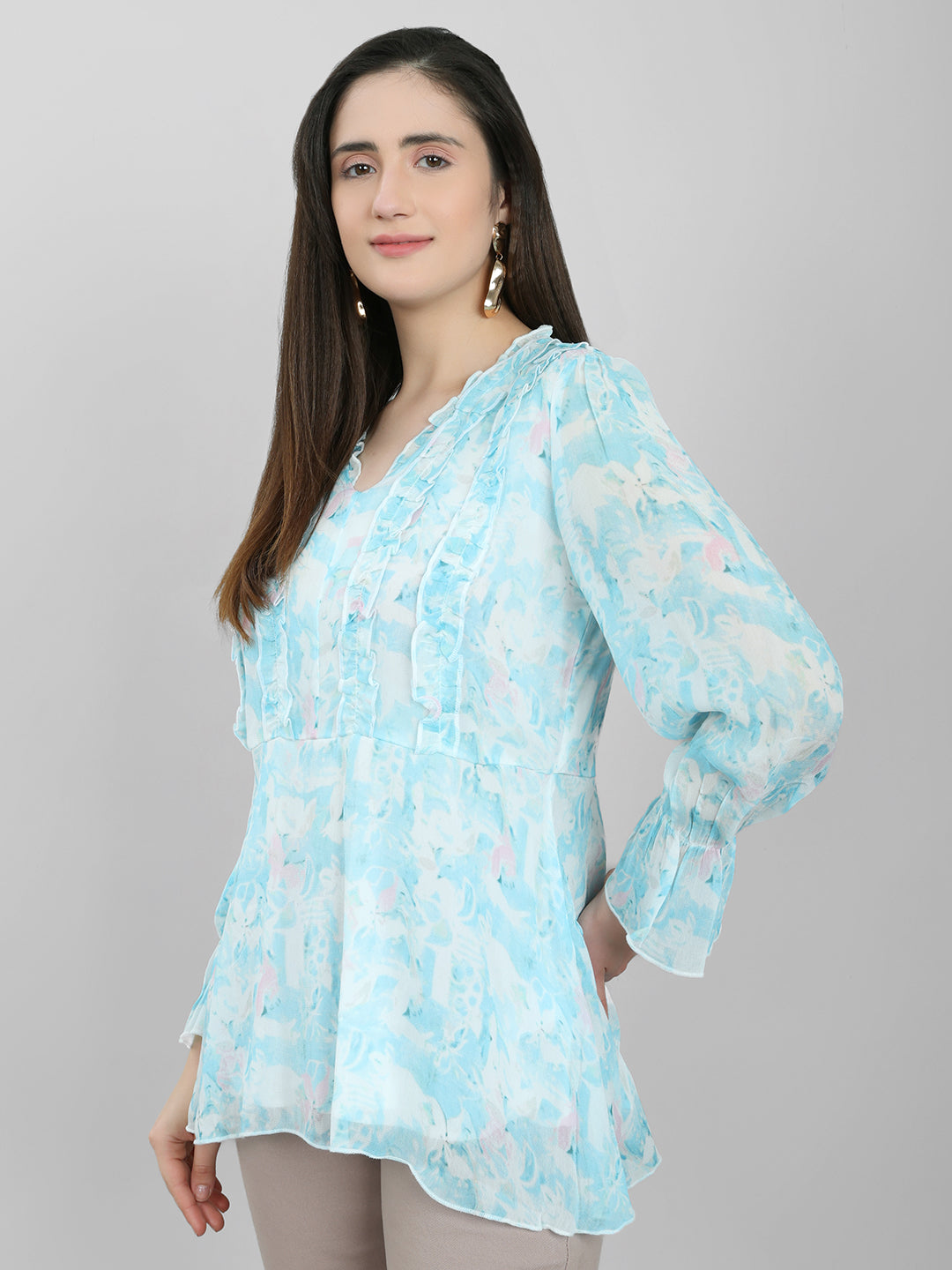 Women Sky Blue Printed V Neck Full Sleeve Top
