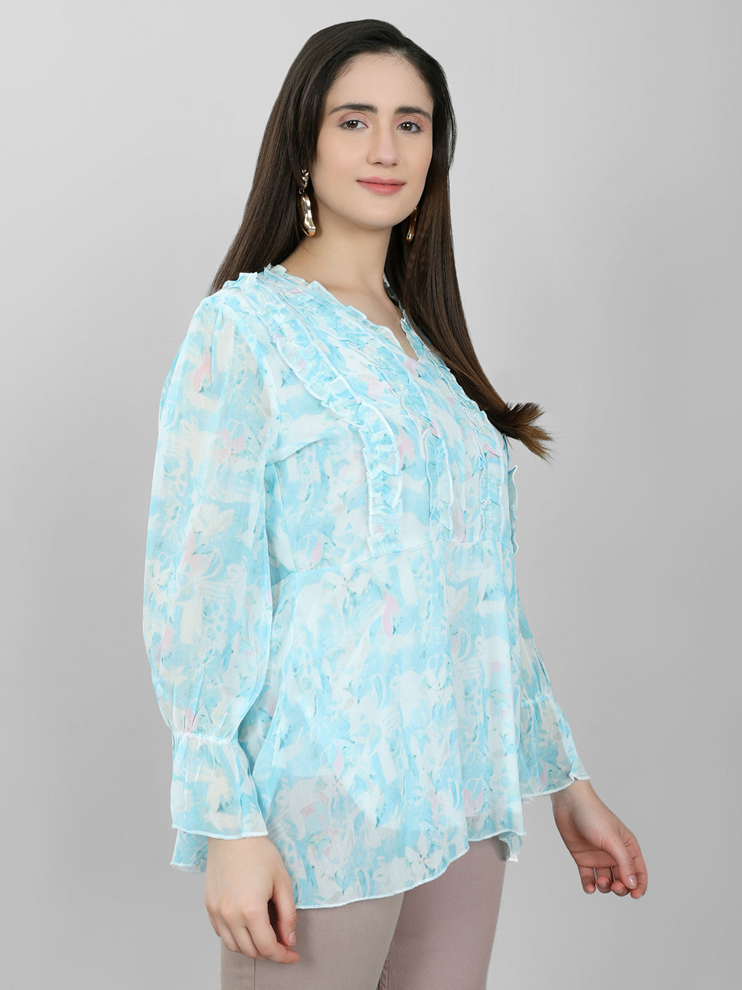 Women Sky Blue Printed V Neck Full Sleeve Top