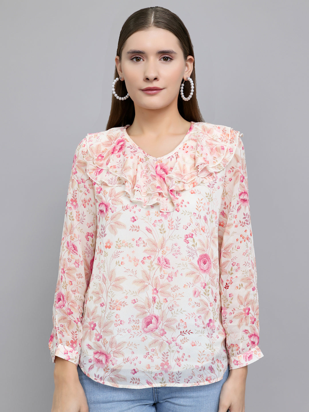 Women Pink Floral Print Fashion Neck Full Sleeve Top