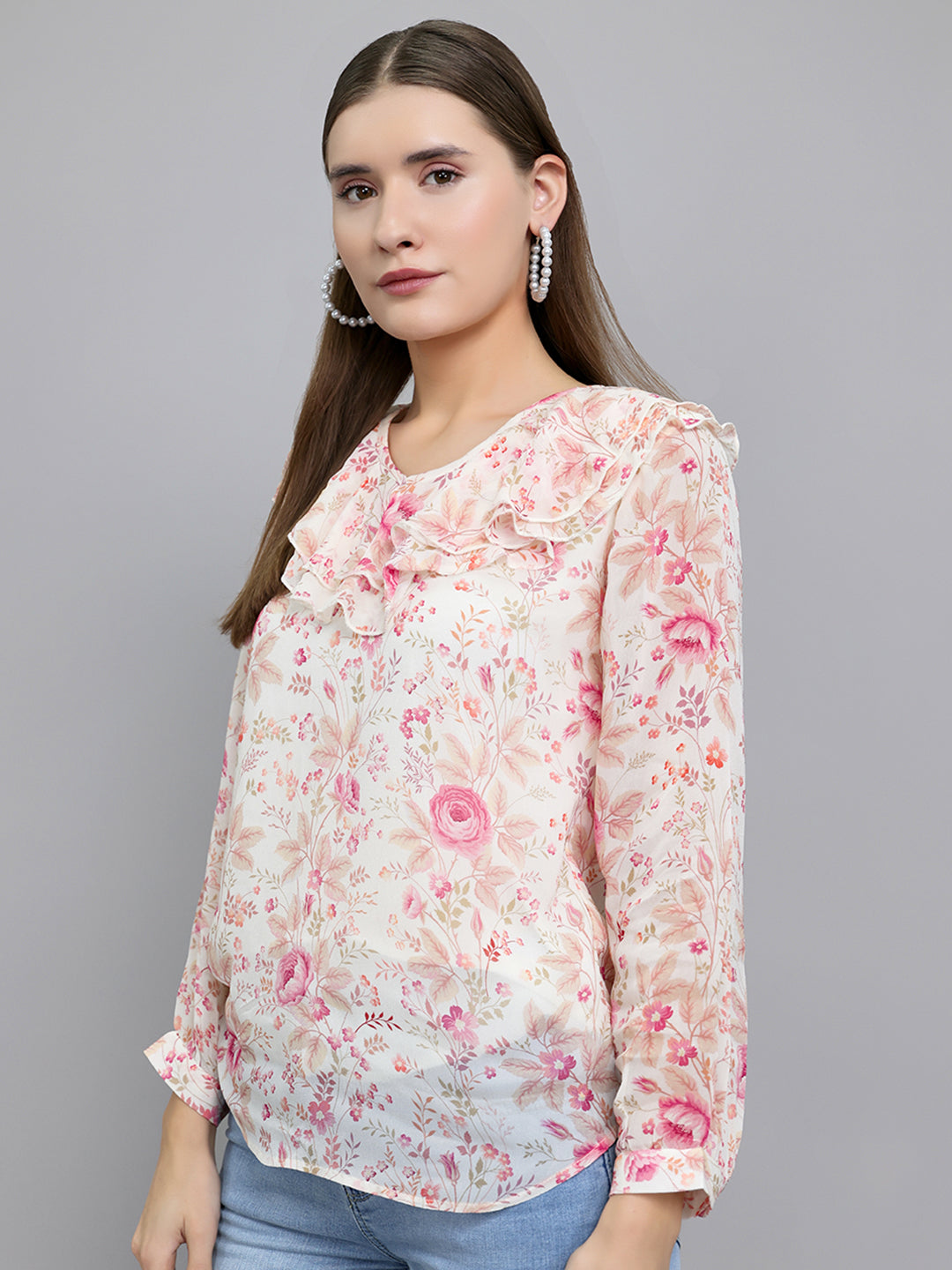 Women Pink Floral Print Fashion Neck Full Sleeve Top
