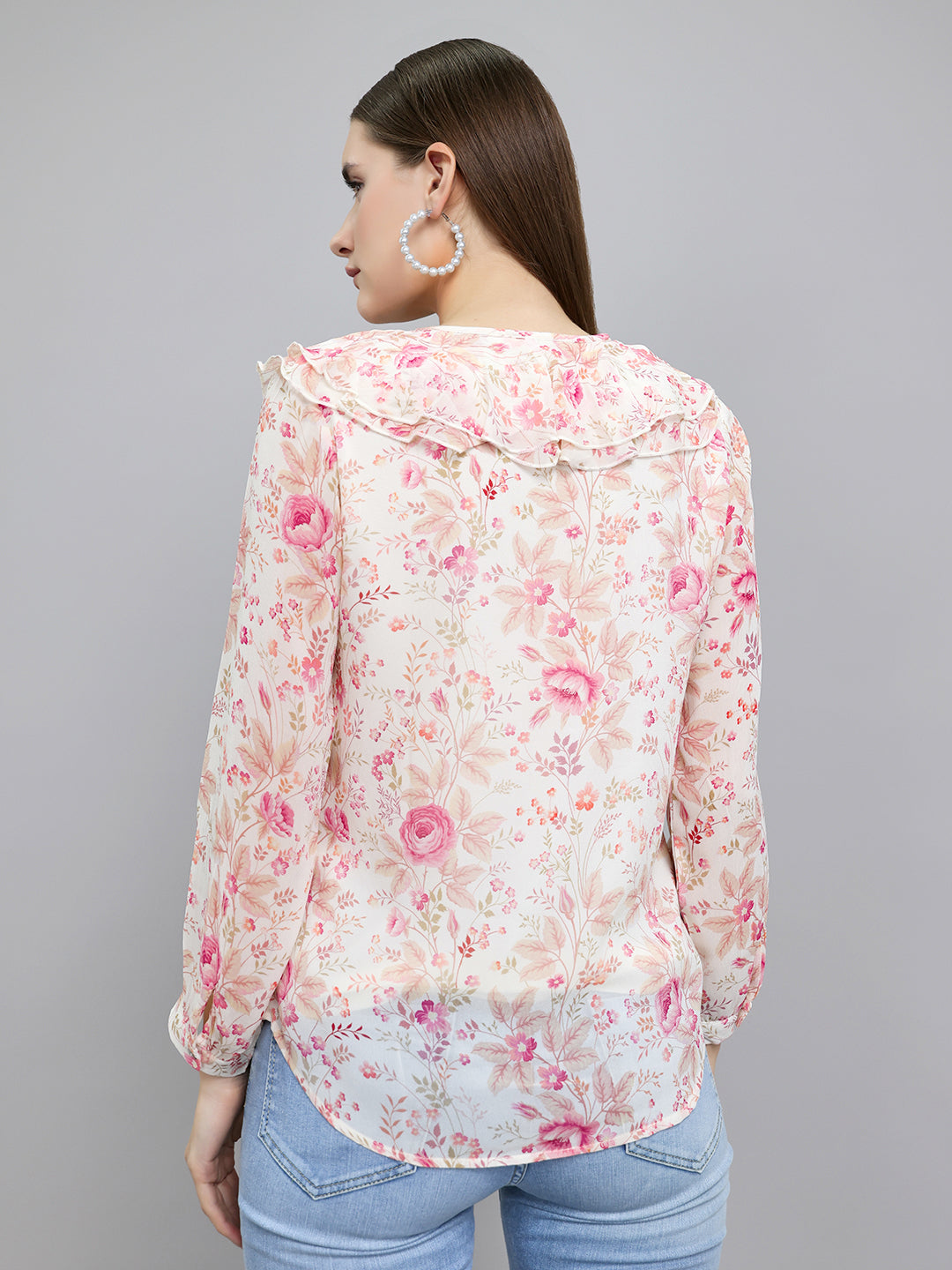 Women Pink Floral Print Fashion Neck Full Sleeve Top