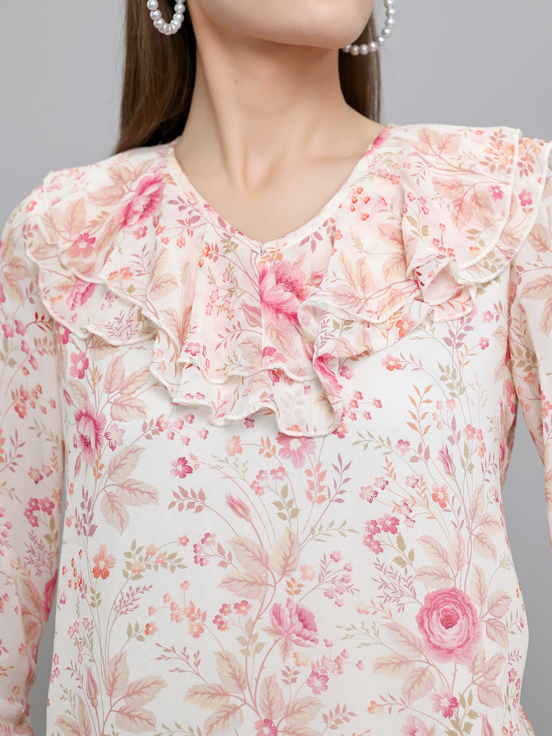 Women Pink Floral Print Fashion Neck Full Sleeve Top