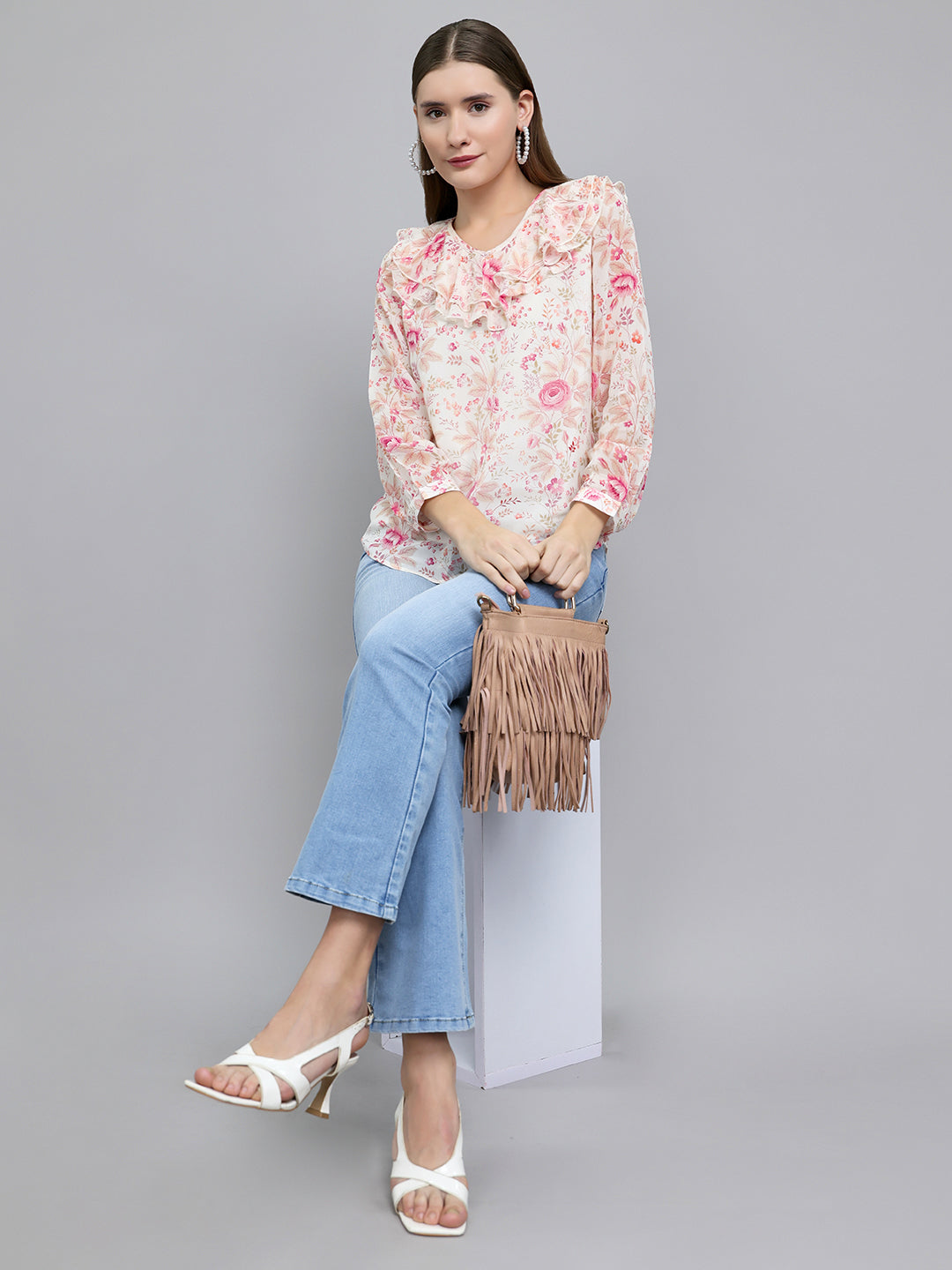 Women Pink Floral Print Fashion Neck Full Sleeve Top