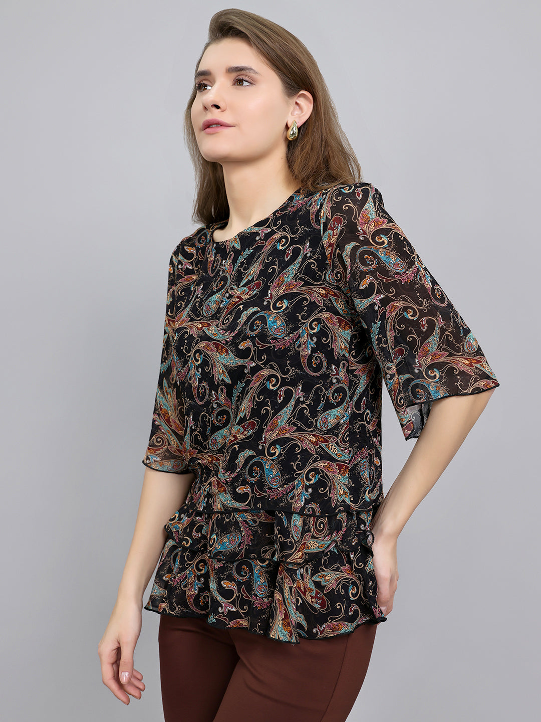 Women Black Paisley Print Fashion Neck 3/4th Sleeve Top