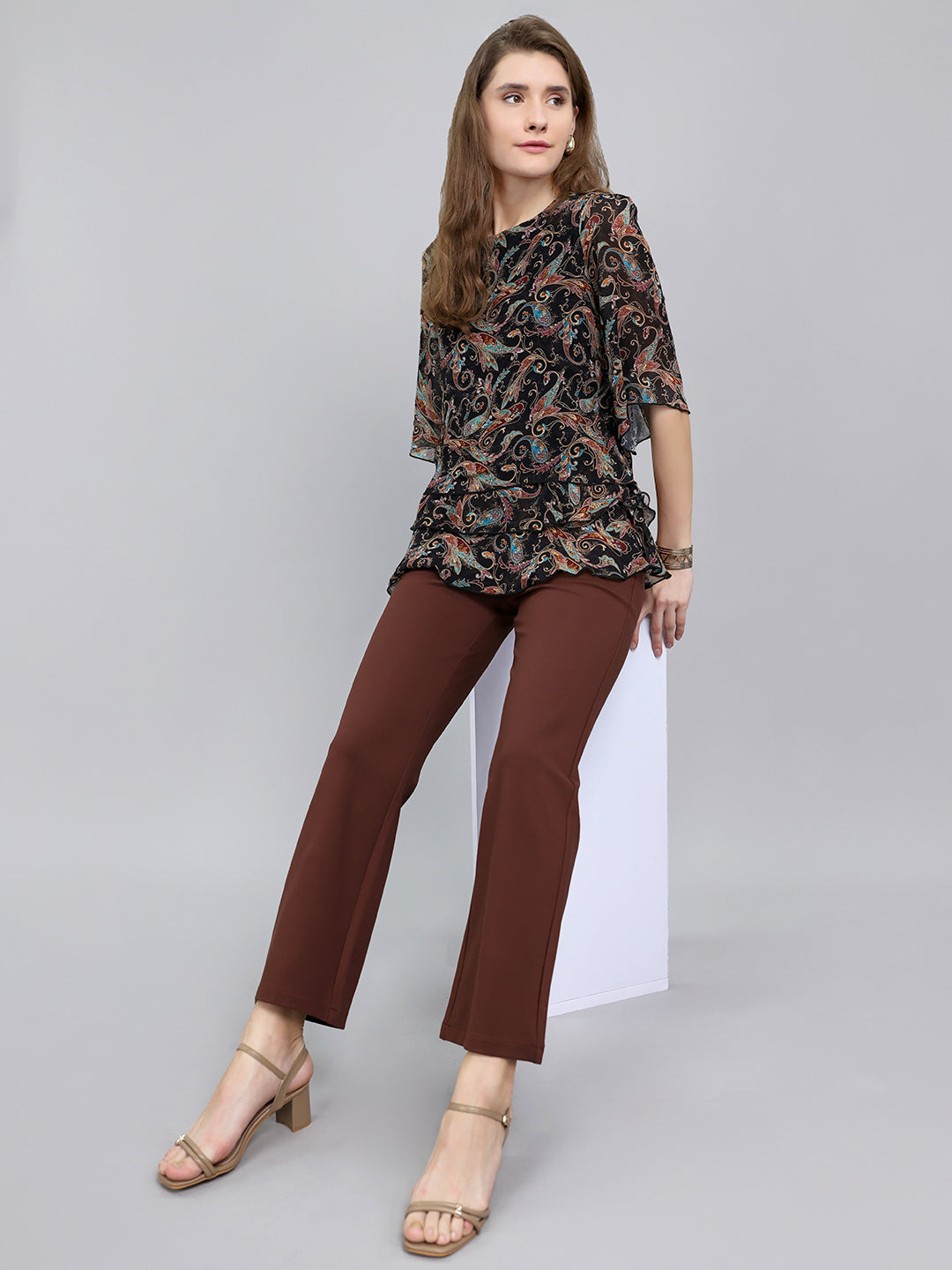 Women Black Paisley Print Fashion Neck Top