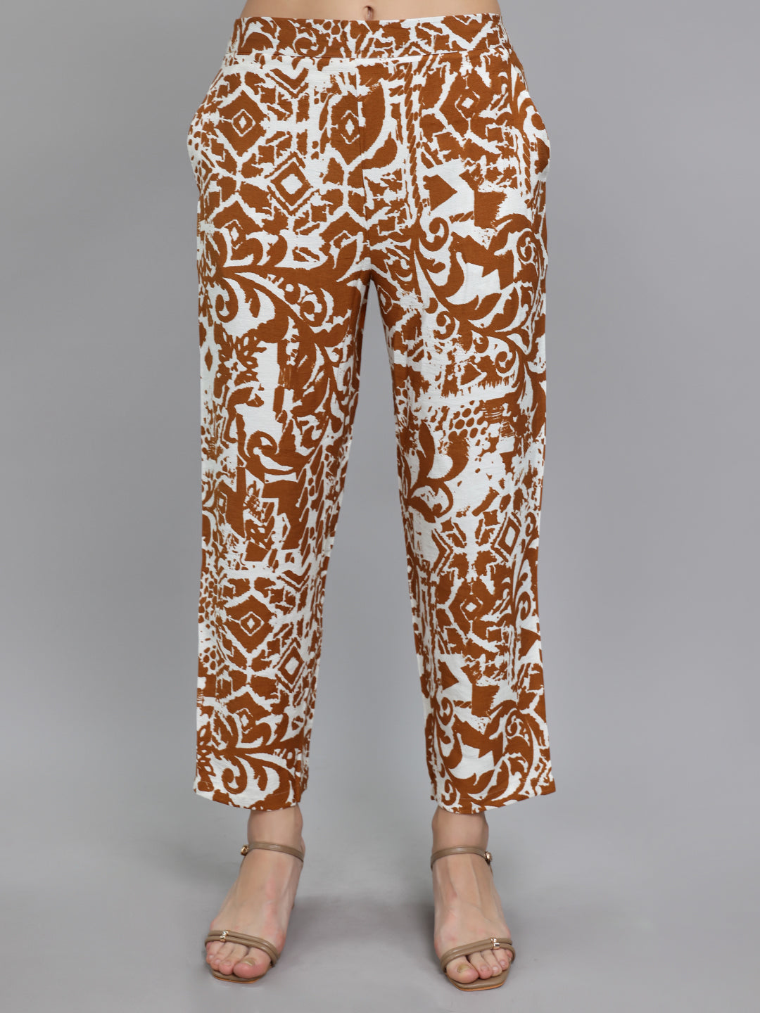 Women Brown Printed Collar Half Sleeve Cords Set