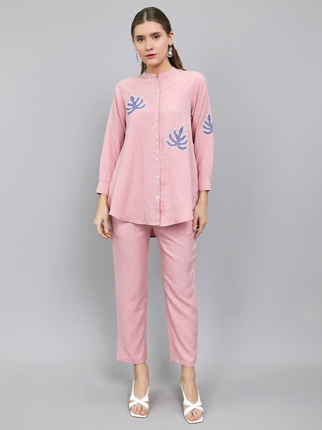 Women Pink Embroidered Henley Neck Full Sleeve Cords Set