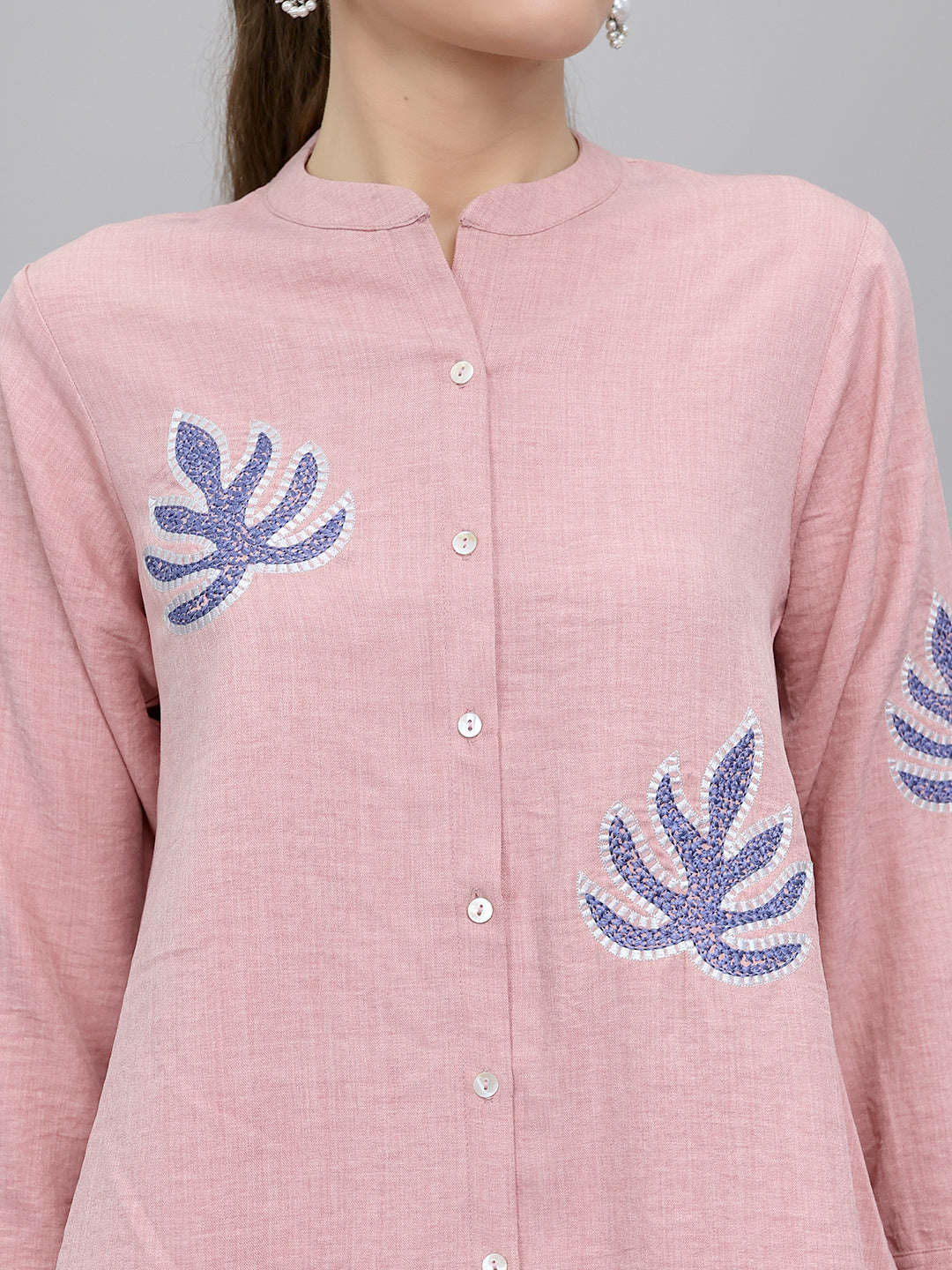 Women Pink Embroidered Henley Neck Full Sleeve Cords Set