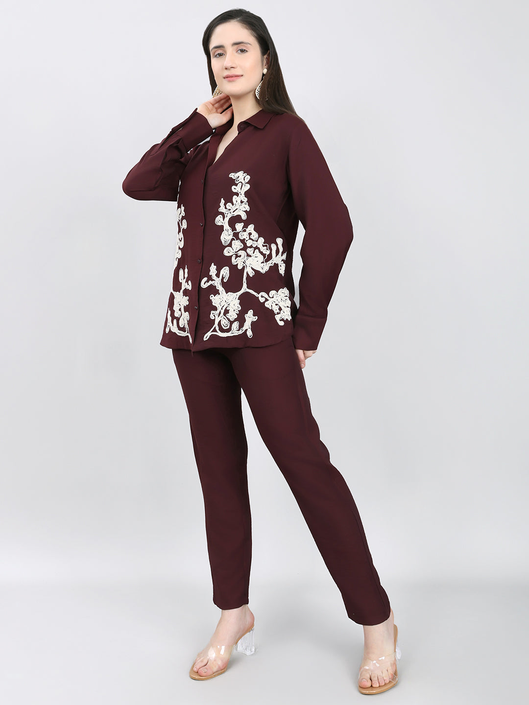 Women Purple Embroidered Collar Half Sleeve Cords Set