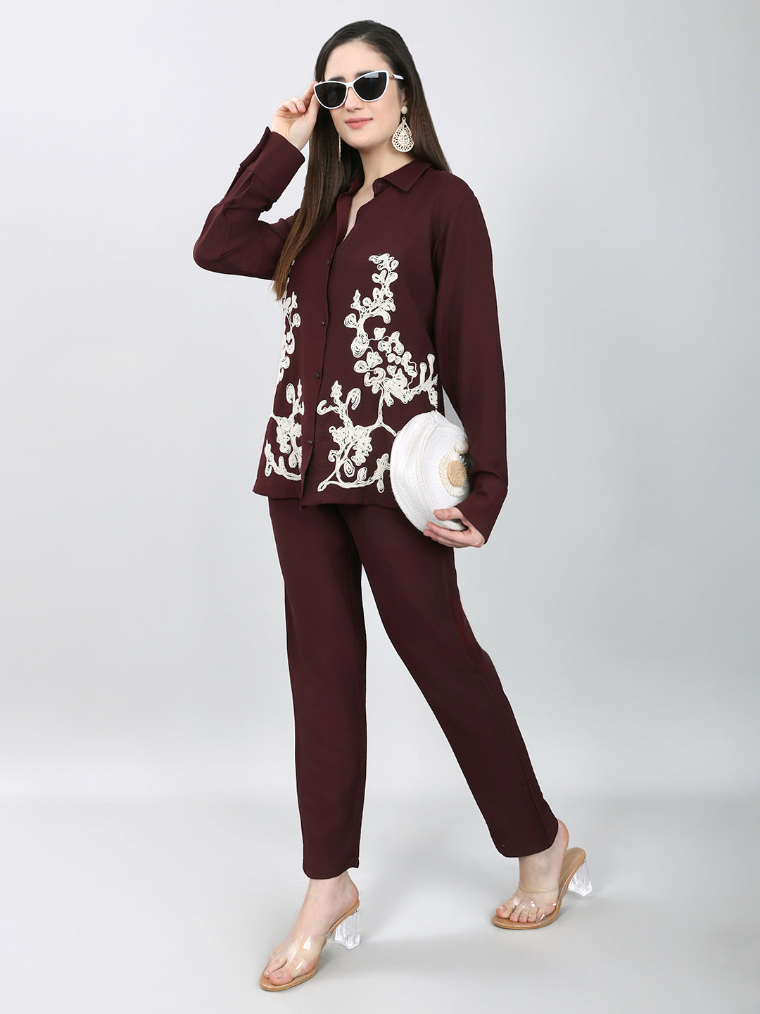 Women Purple Embroidered Collar Half Sleeve Cords Set