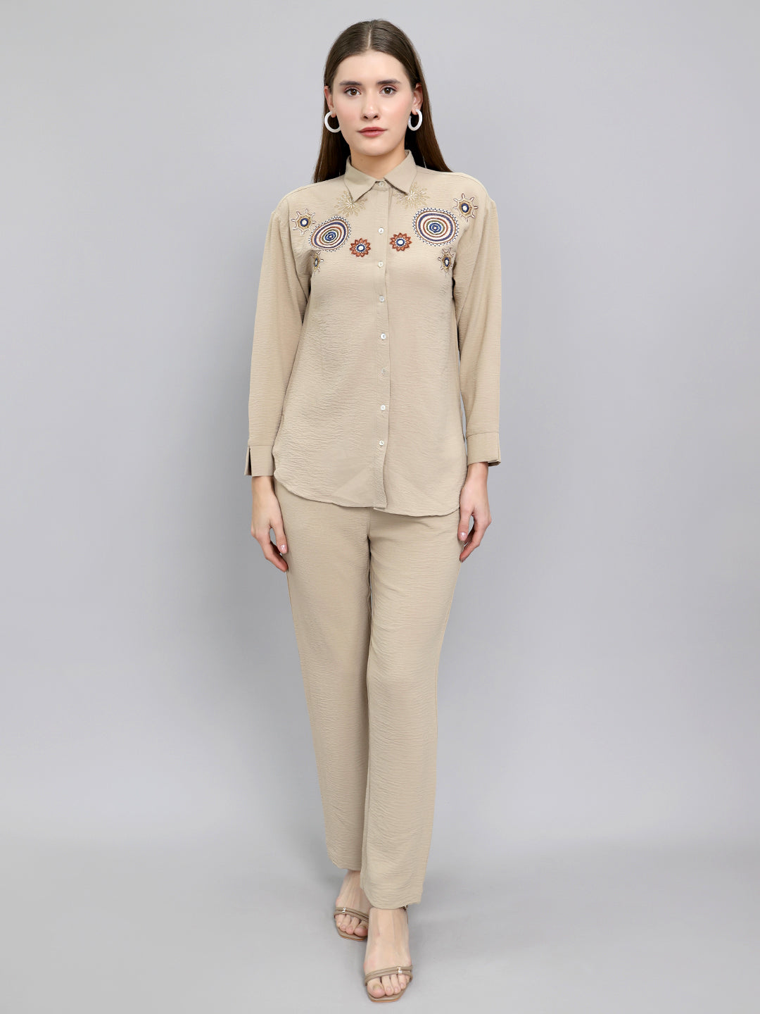 Women Beige Embroidered Collar Full Sleeve Cords Set