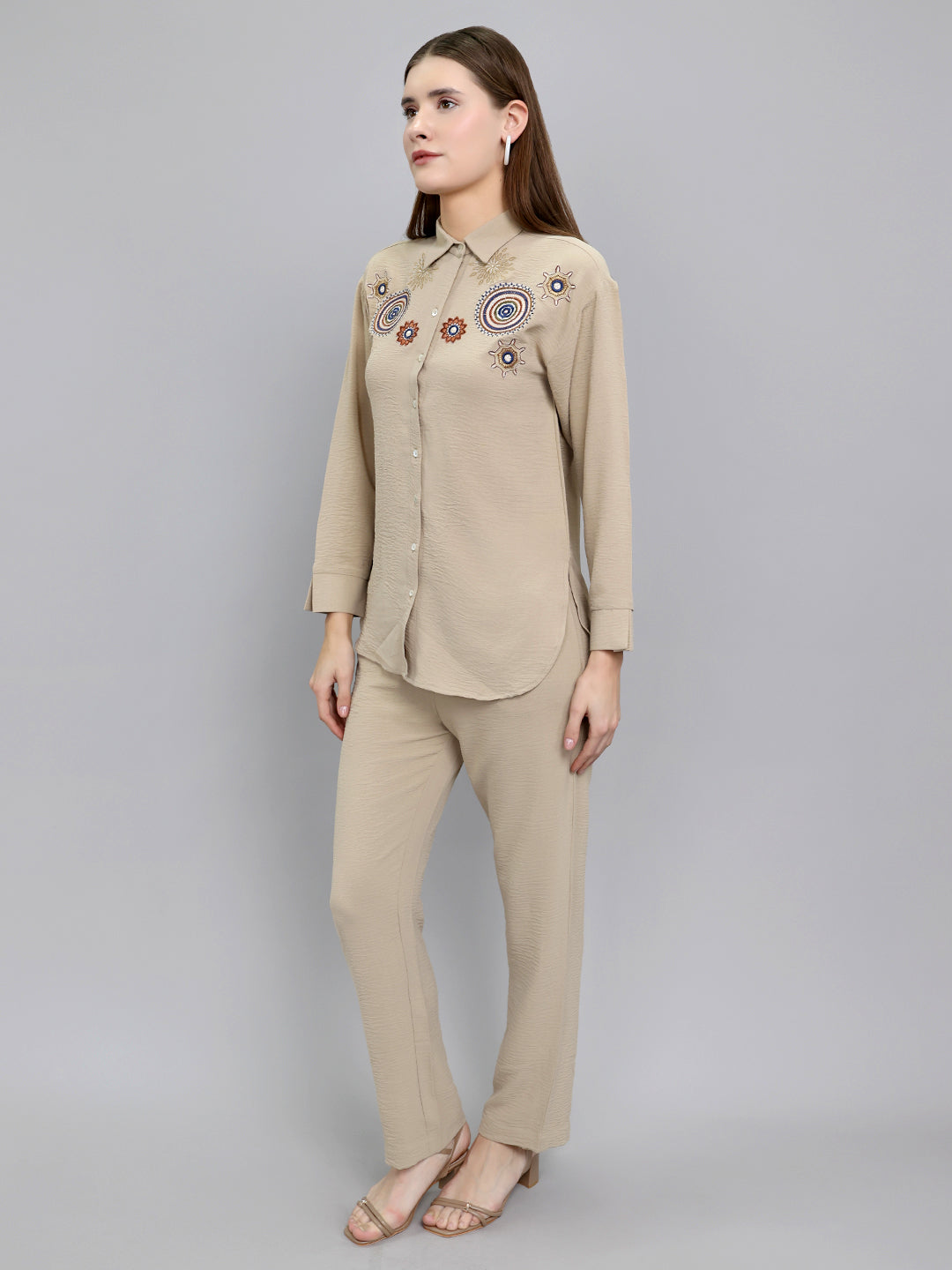 Women Beige Embroidered Collar Full Sleeve Cords Set