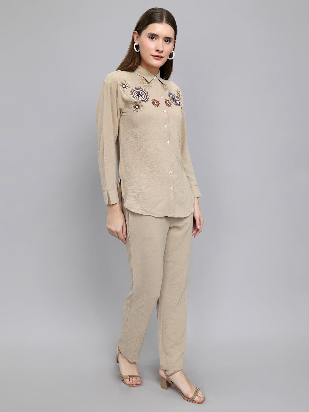 Women Beige Embroidered Collar Full Sleeve Cords Set