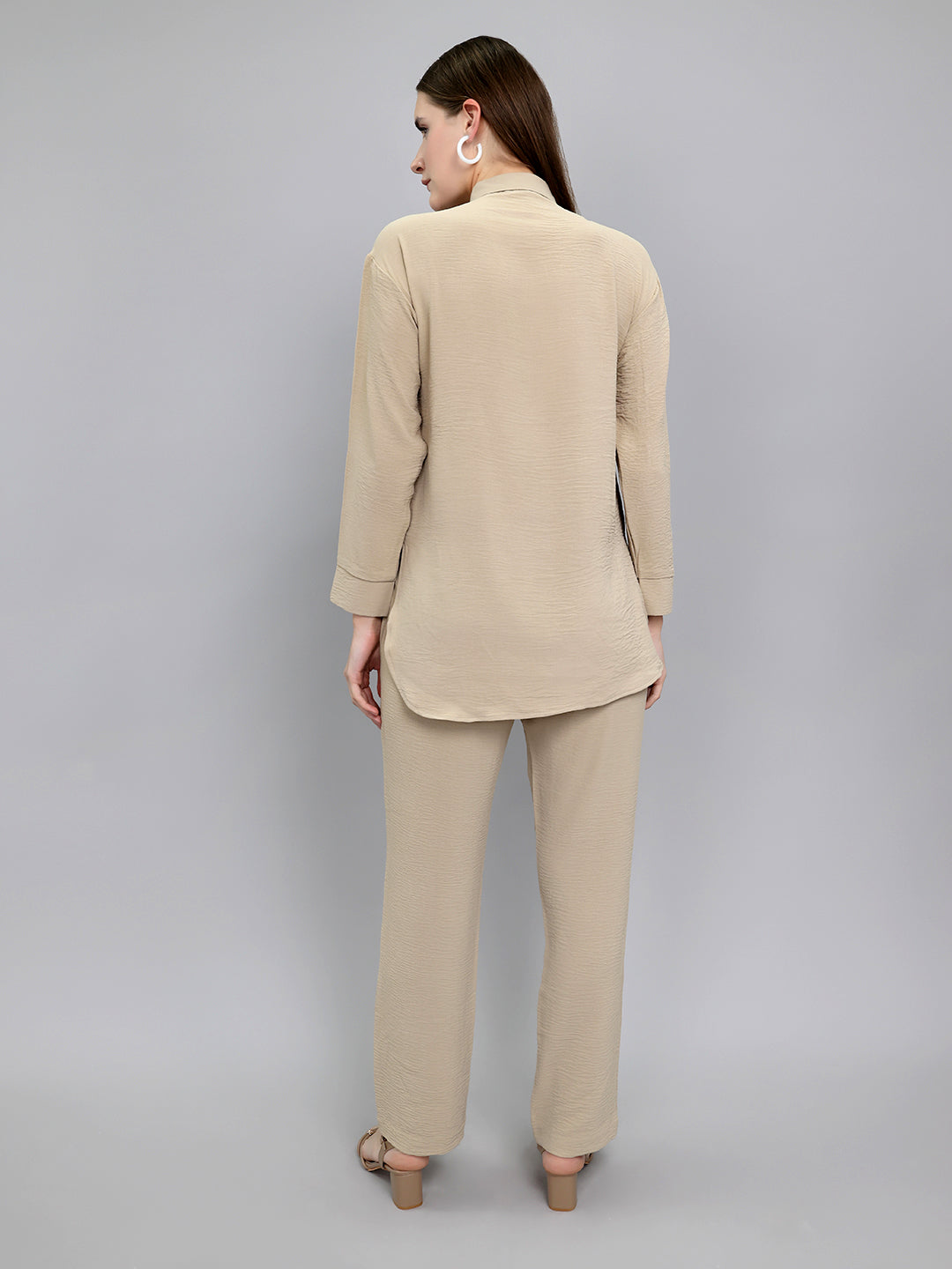 Women Beige Embroidered Collar Full Sleeve Cords Set