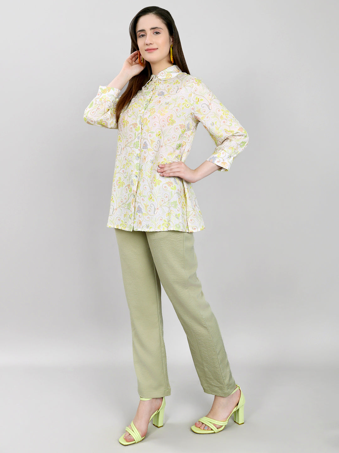 Women Beige Embroidered Collar 3/4th Sleeve Cords Set
