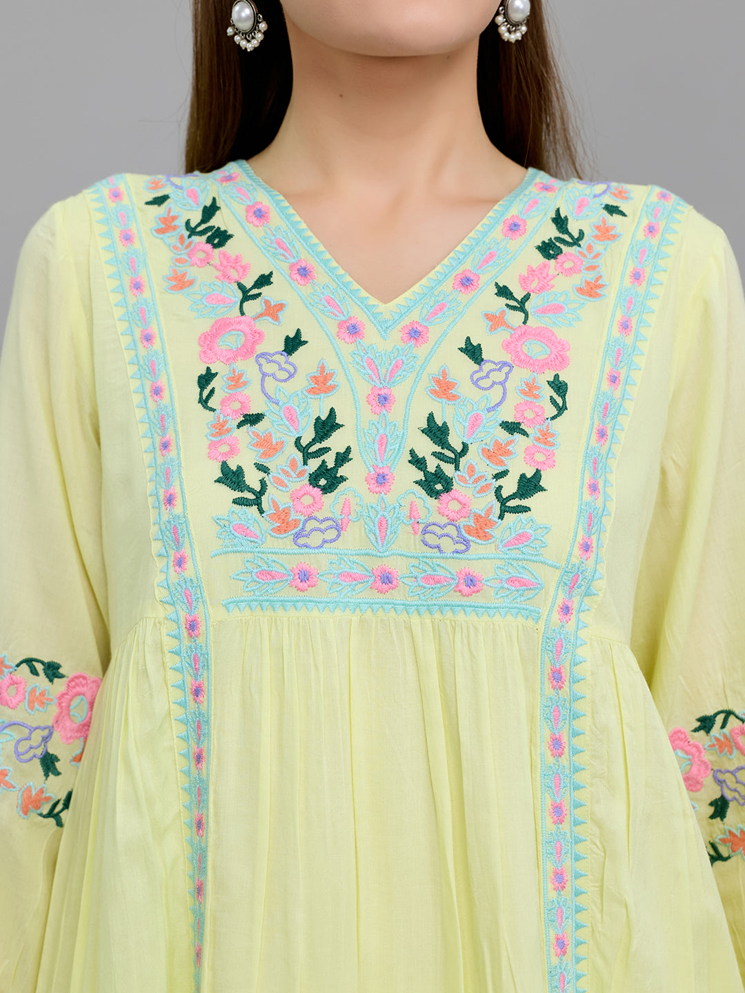 Women Yellow Embroidered Round Neck Half Sleeve Cords Set