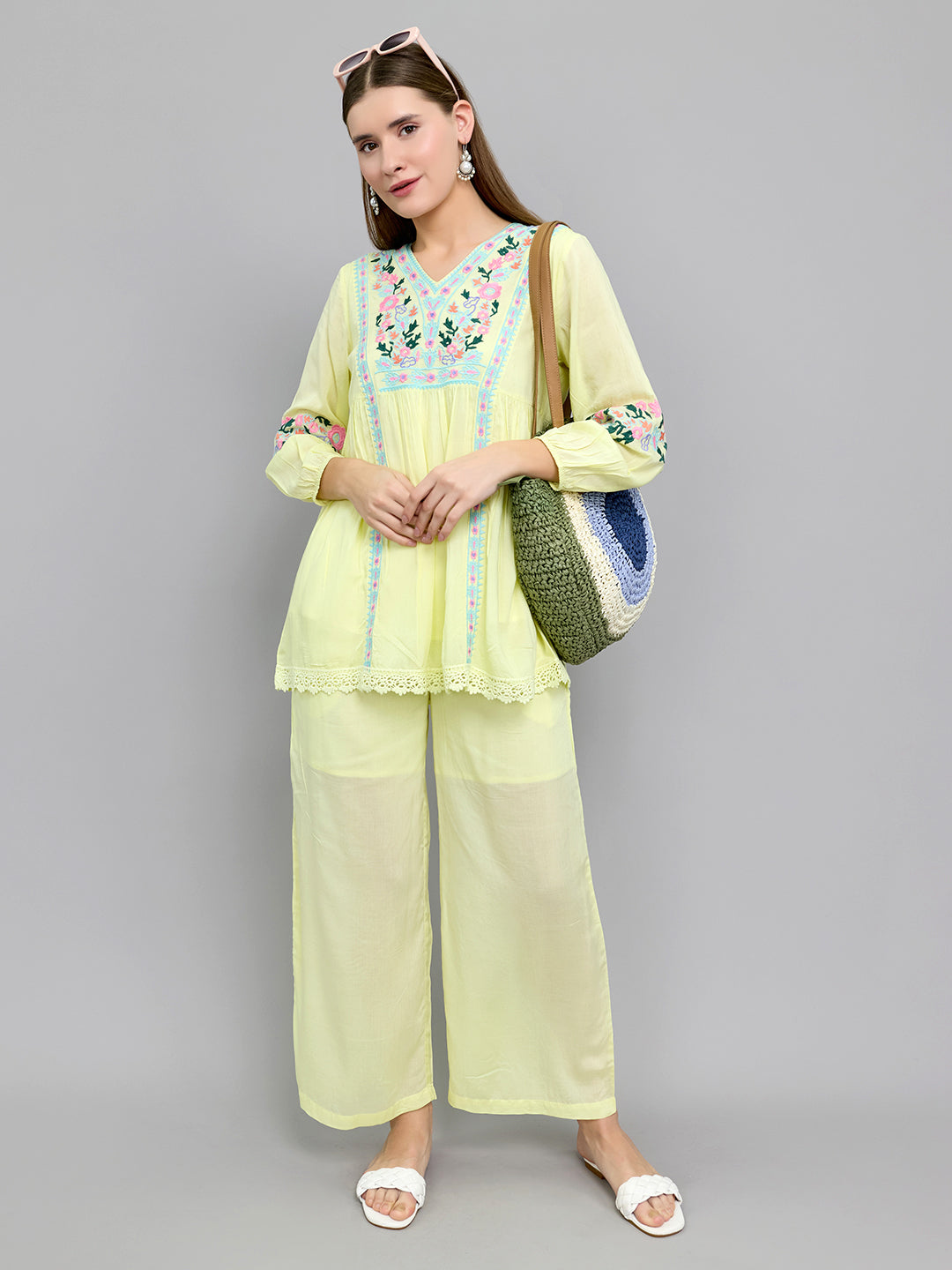 Women Yellow Embroidered Round Neck Half Sleeve Cords Set