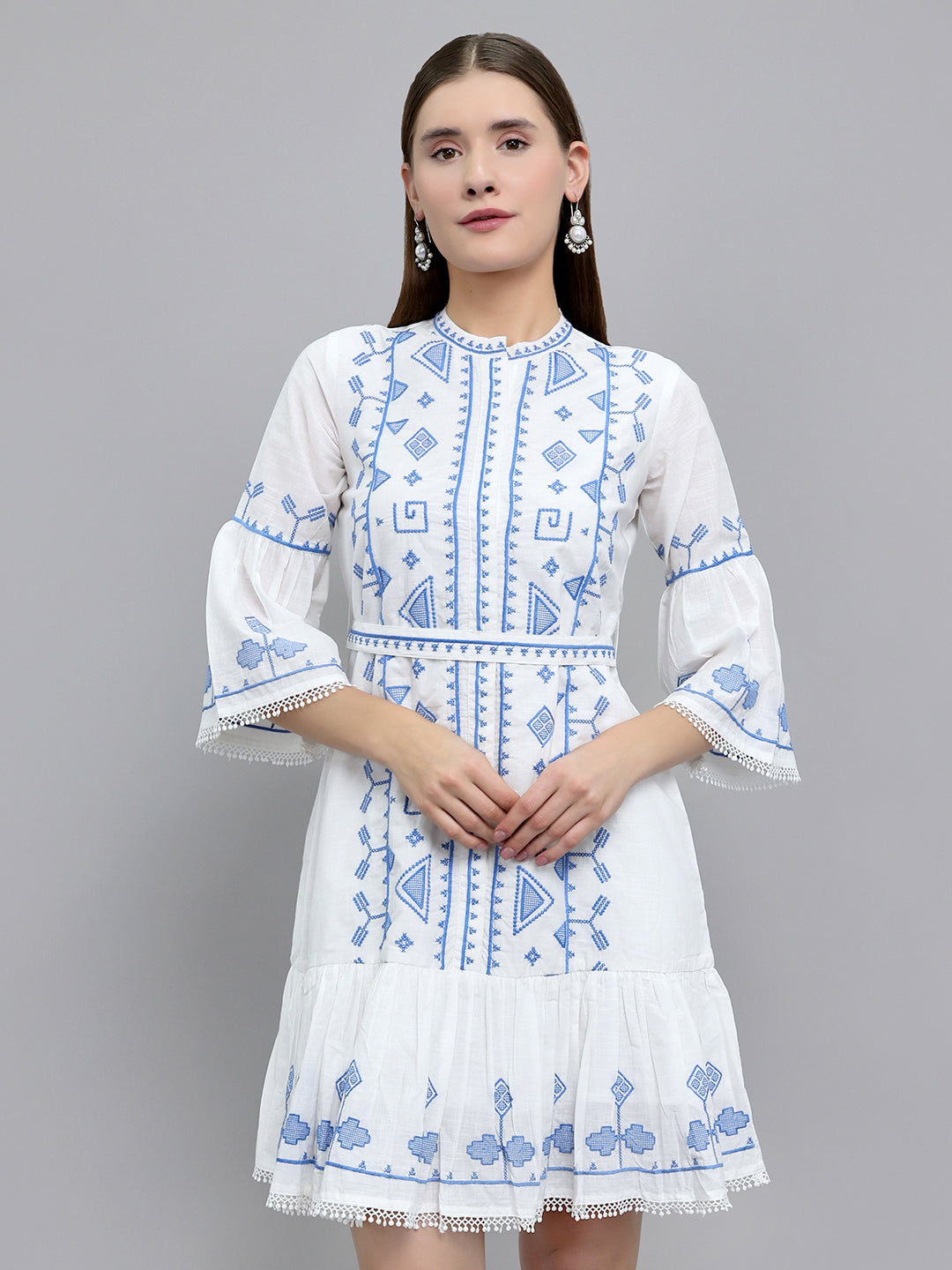 Women White Embroidered Henley Neck 3/4th Sleeve Tunic