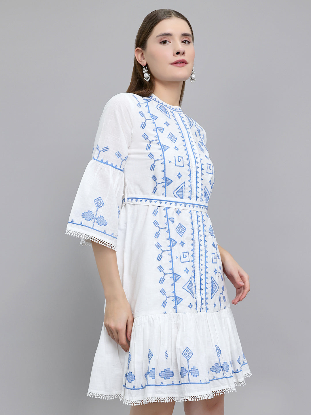 Women White Embroidered Henley Neck Tunic