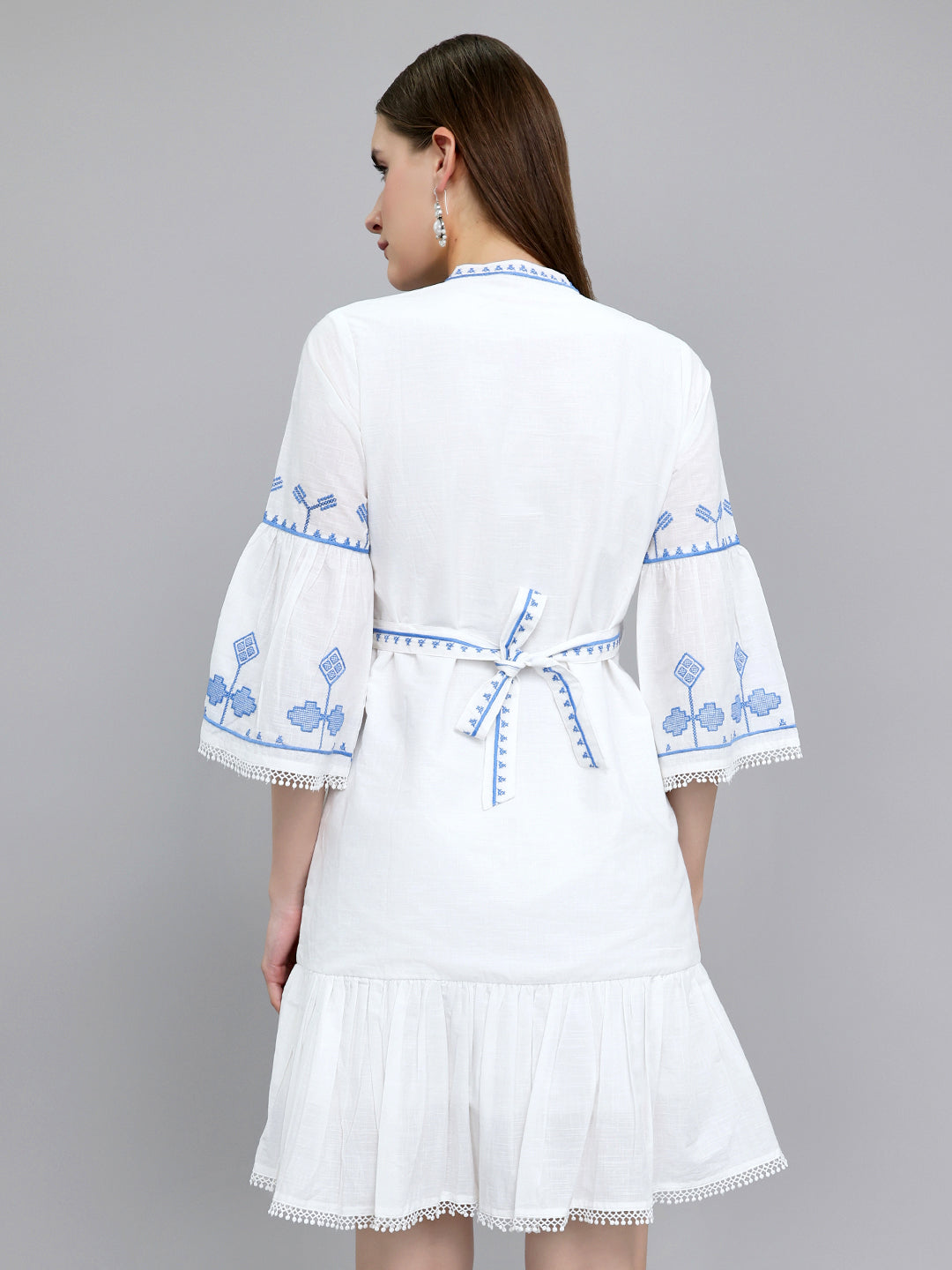 Women White Embroidered Henley Neck Tunic
