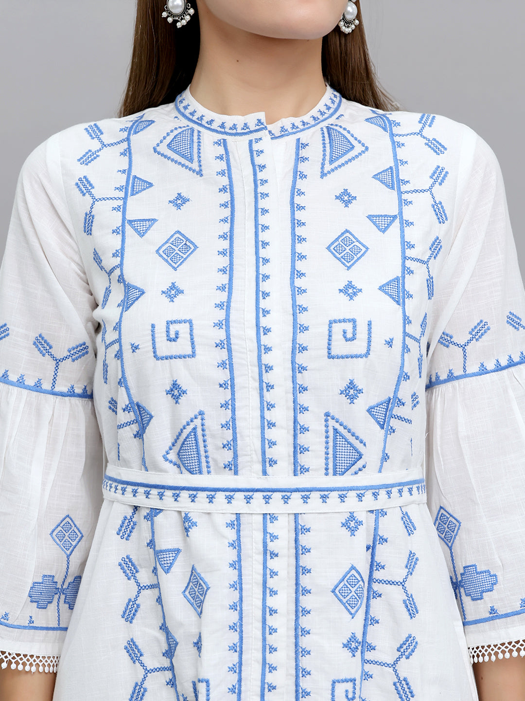 Women White Embroidered Henley Neck Tunic