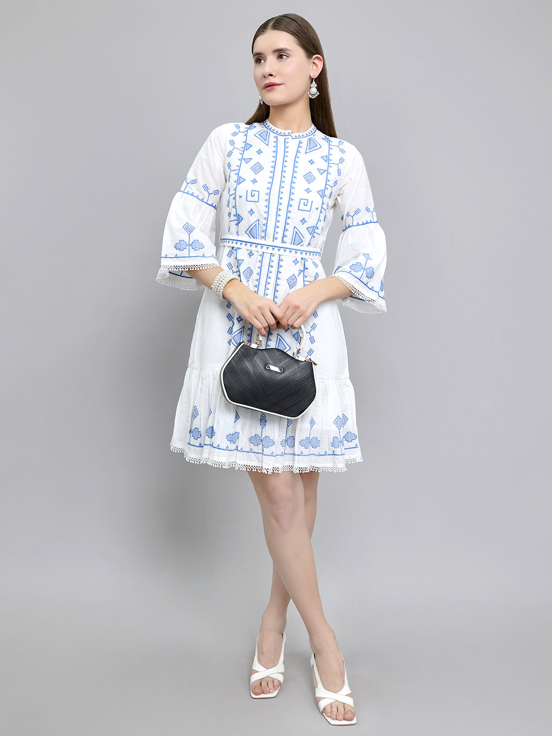 Women White Embroidered Henley Neck Tunic