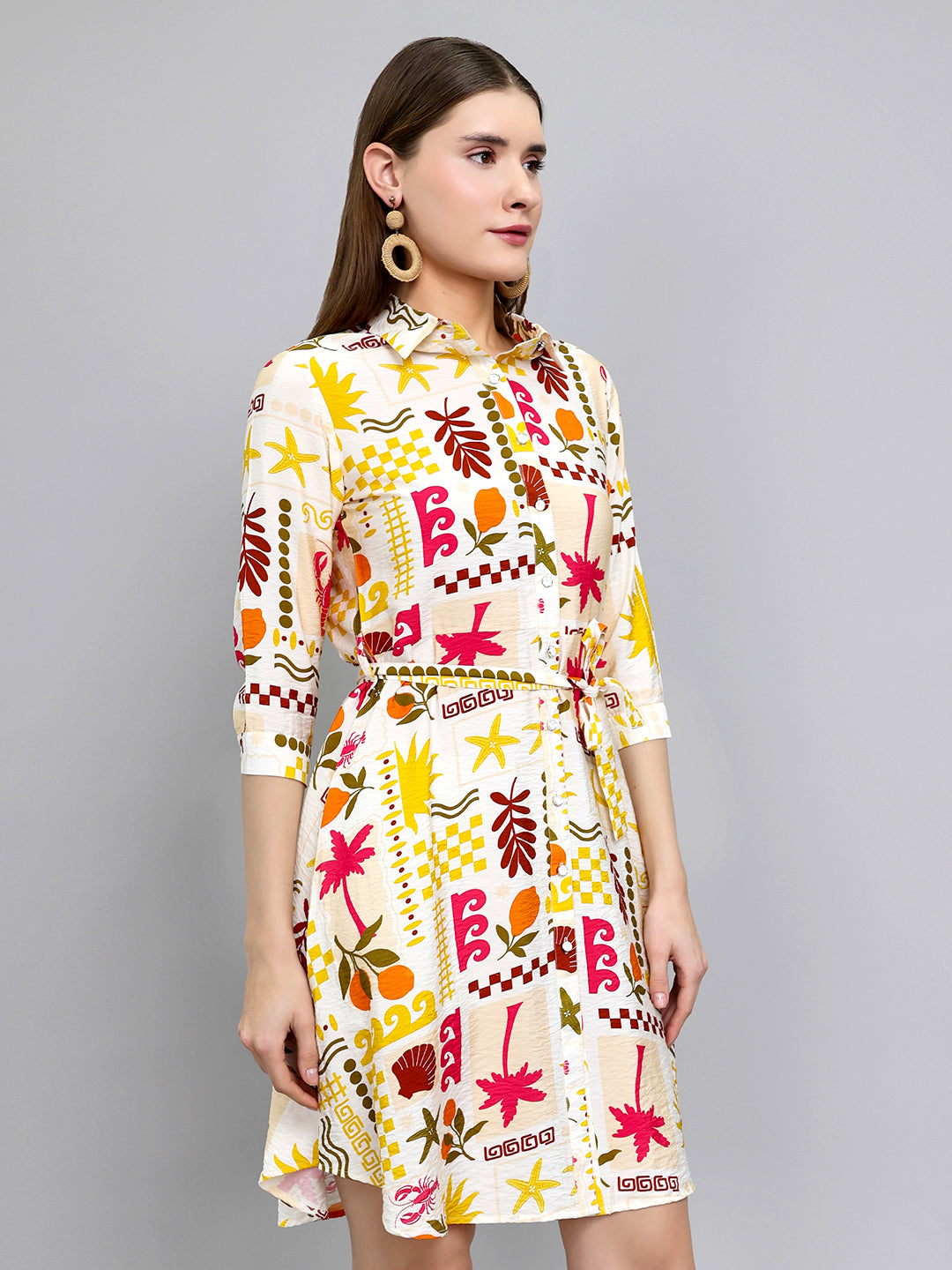 Women Yellow Printed Front Open Tunic