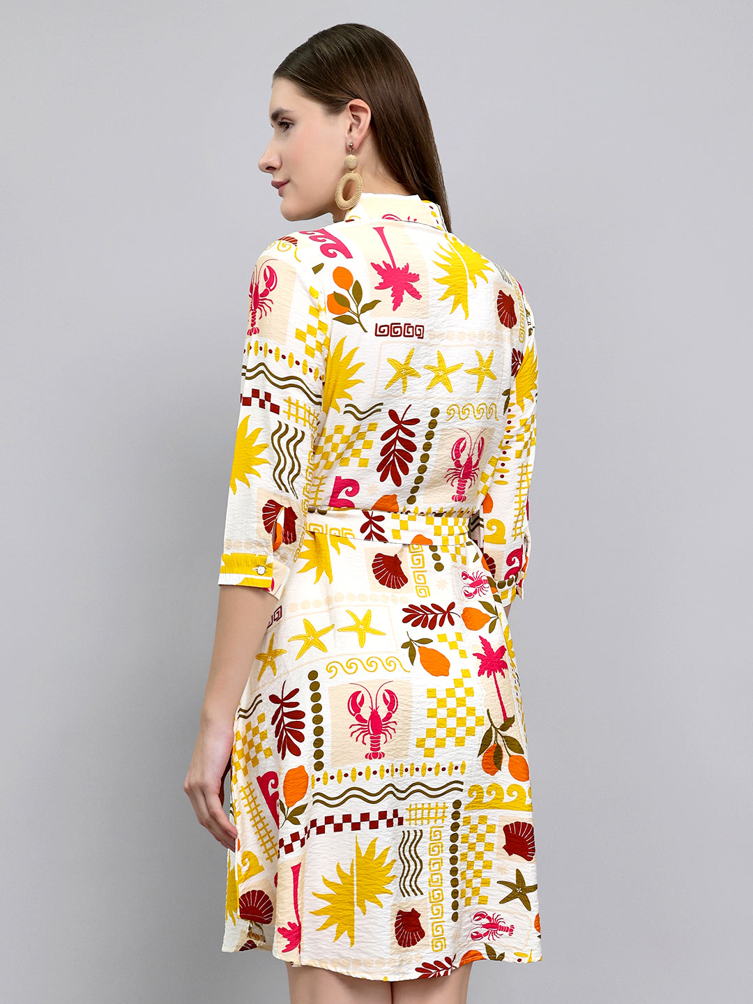 Women Yellow Printed Front Open Tunic