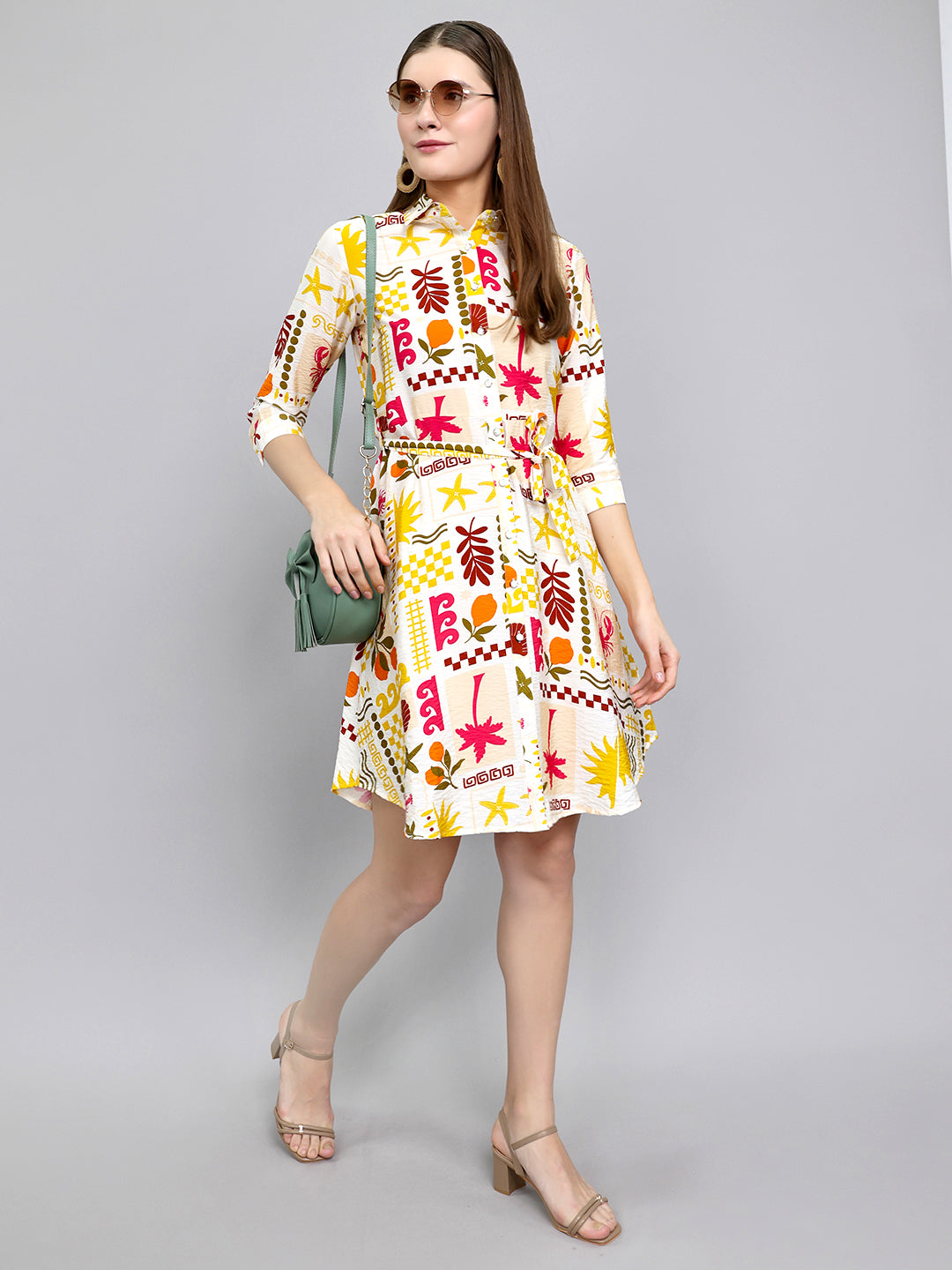 Women Yellow Printed Front Open Tunic
