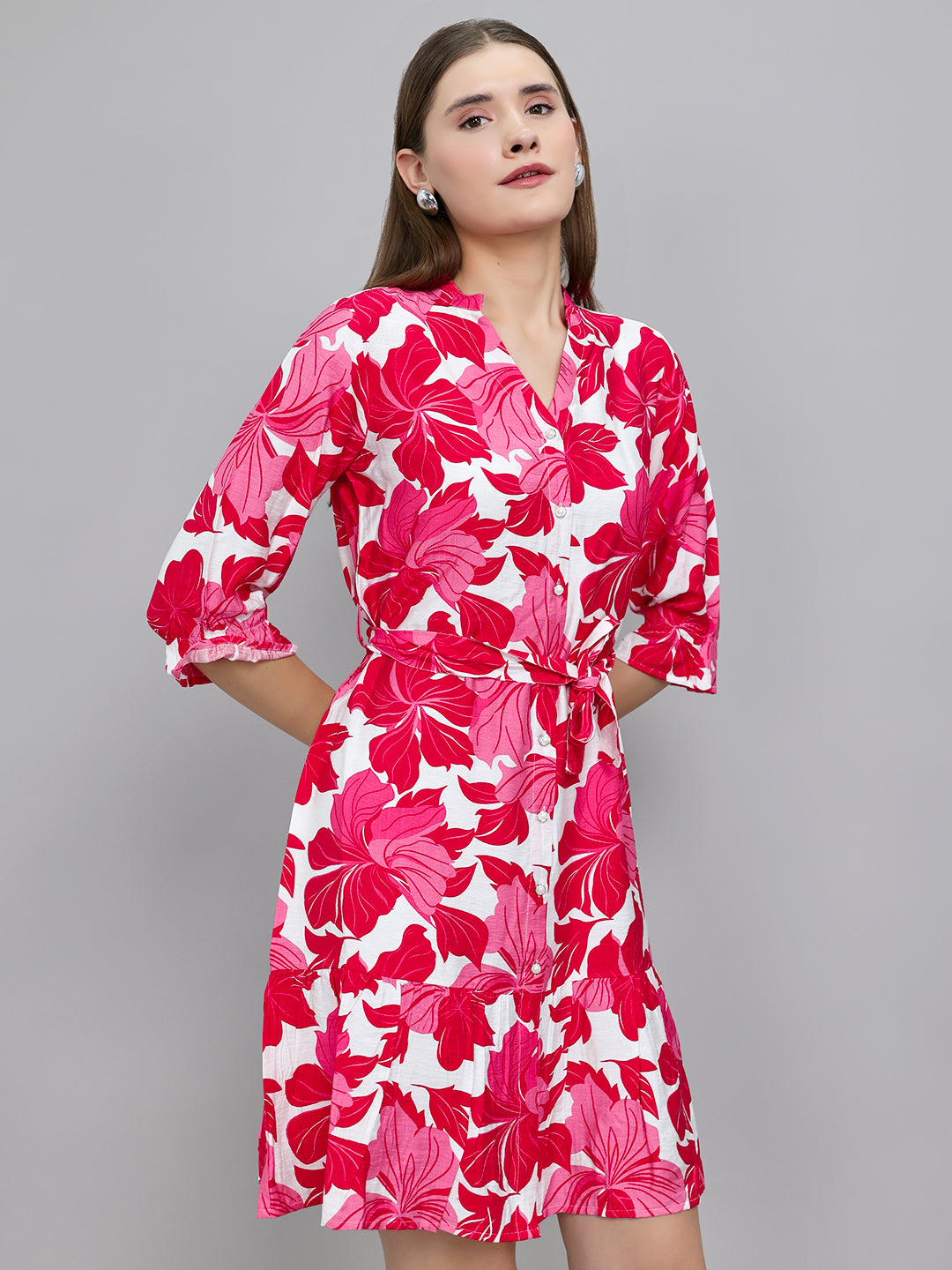 Women Magenta Floral Print Front Open 3/4th Sleeve Tunic