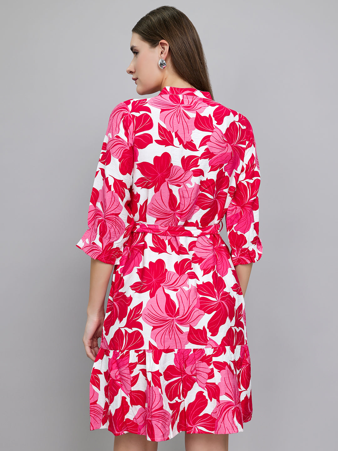 Women Magenta Floral Print Front Open 3/4th Sleeve Tunic