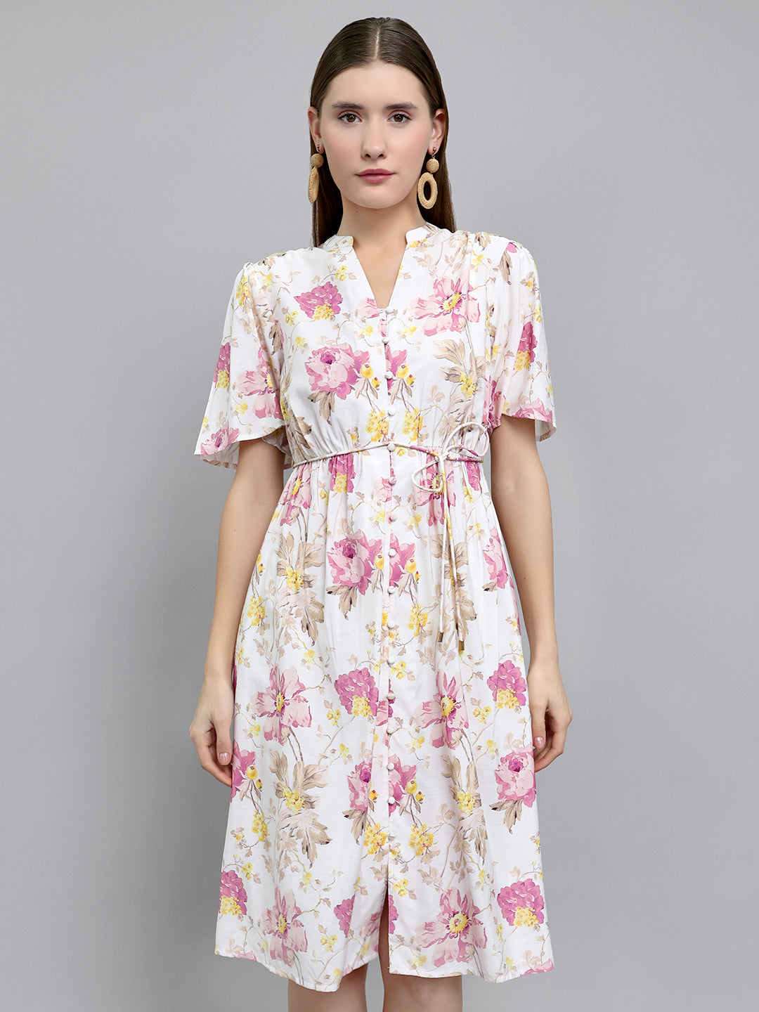 Women Off White Floral Print Front Open Half Sleeve Dress