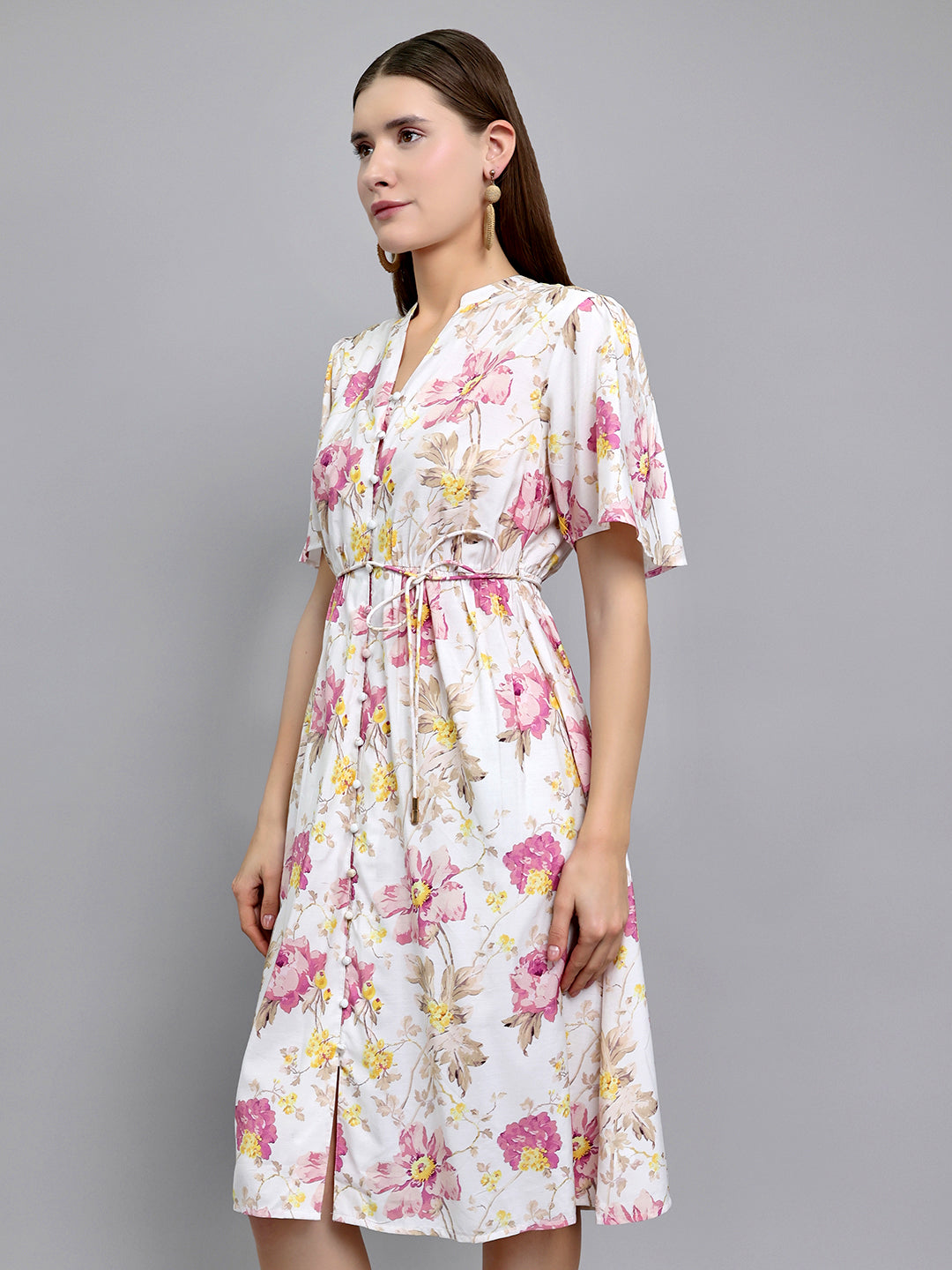 Women Off White Floral Print Front Open Half Sleeve Dress