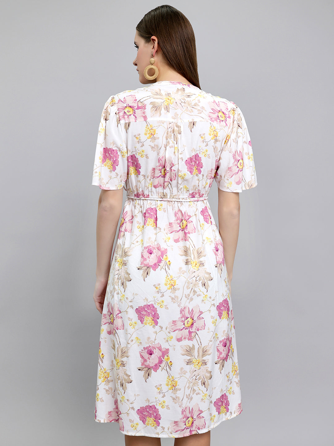 Women Off White Floral Print Front Open Half Sleeve Dress