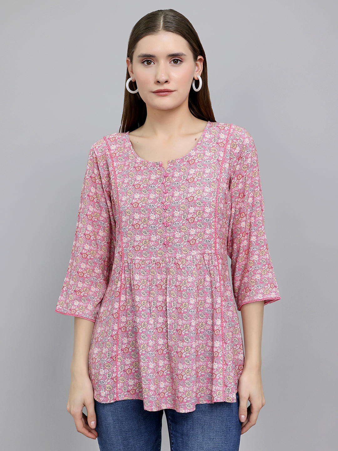 Women Pink Printed Round Neck 3/4th Sleeve Top