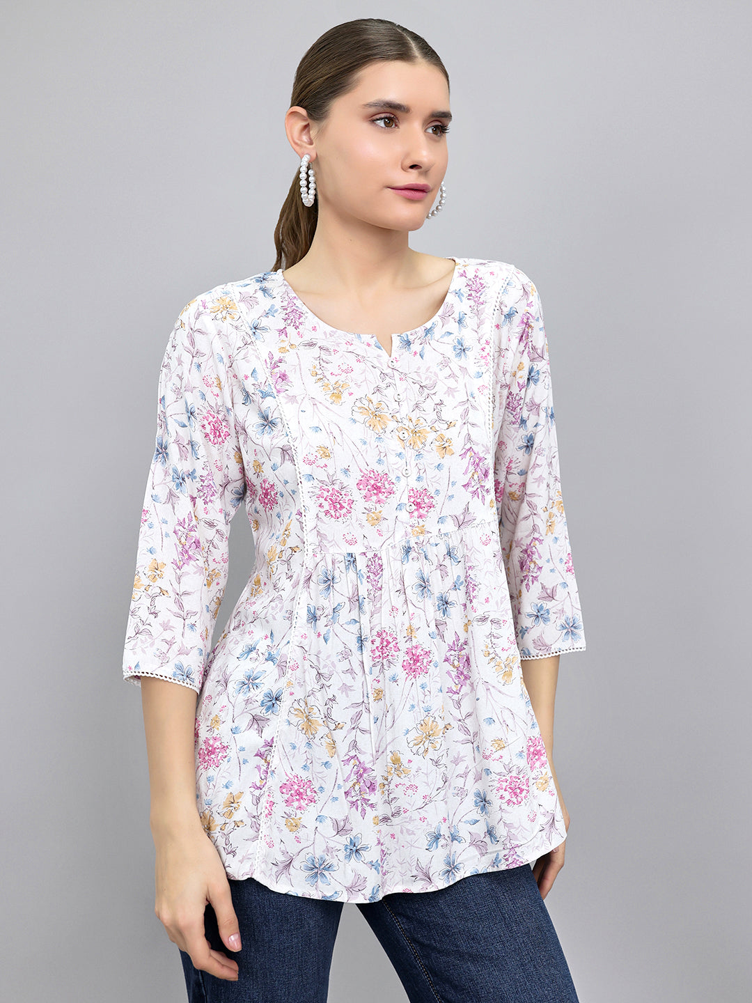 Women Off White Printed Round Neck Top