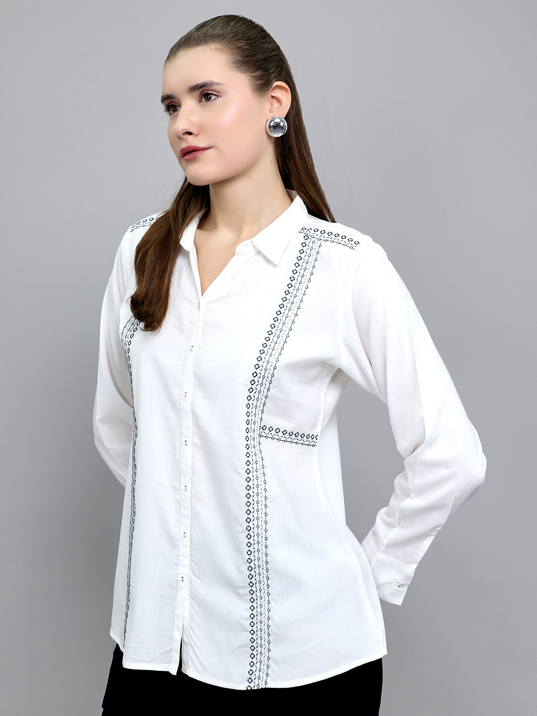 Women White Embroidered Front Open Full Sleeve Top